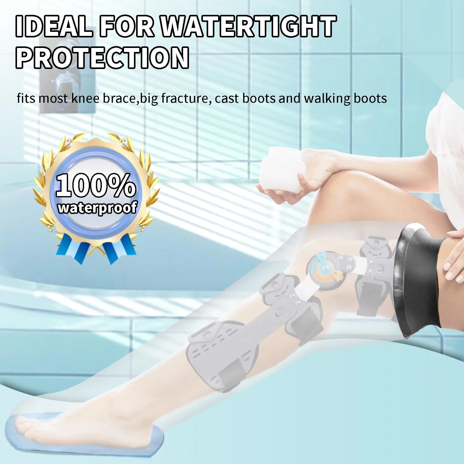 Adult Leg Cast Protector for Shower, KT5105 Waterproof Cast Cover for Shower Leg with Non-Slip Padding Bottom, Full Leg Shower Protector Watertight Protection to Broken Leg, Knee, Foot, Ankle Wound
