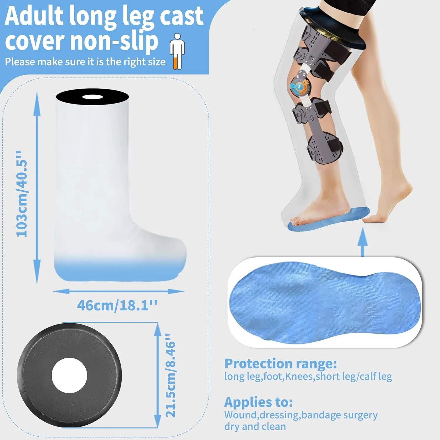 Adult Leg Cast Protector for Shower, KT5105 Waterproof Cast Cover for Shower Leg with Non-Slip Padding Bottom, Full Leg Shower Protector Watertight Protection to Broken Leg, Knee, Foot, Ankle Wound