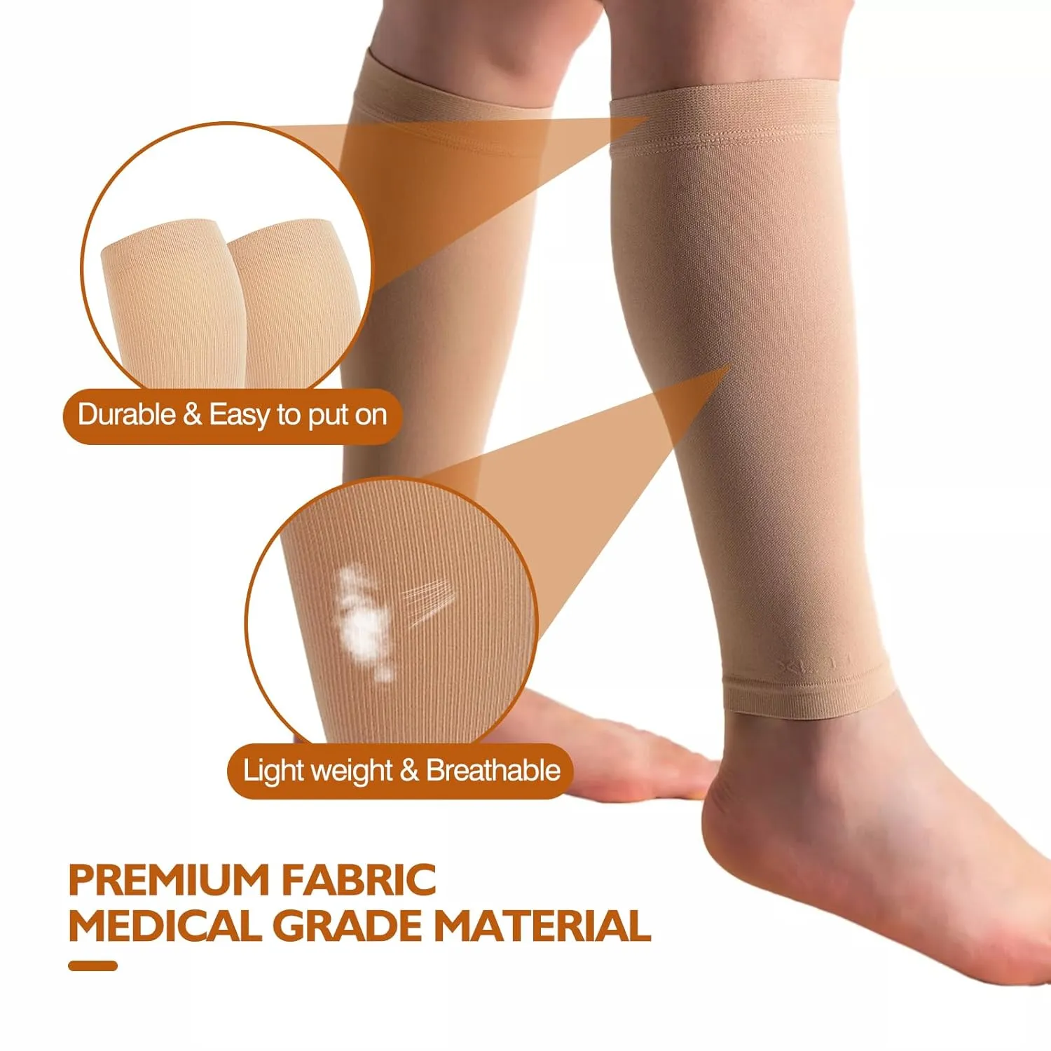 bounfend Calf Compression Sleeves Socks for Men & Women (20-30mmHg) Leg Plus Size, Medical Grade for Varicose Veins, Swelling, Shin Splint, Edema, Nurses & Maternity, Running, Beige XXXL