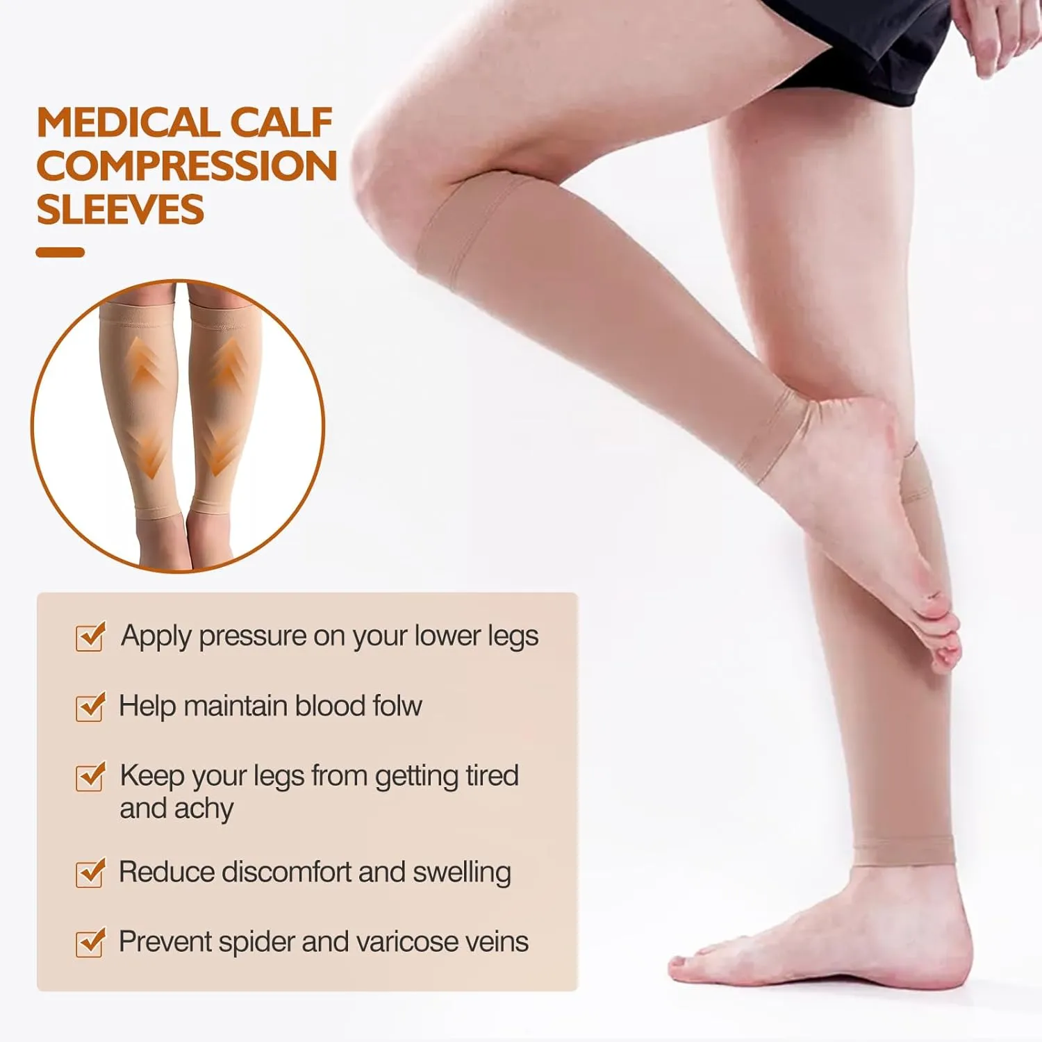 bounfend Calf Compression Sleeves Socks for Men & Women (20-30mmHg) Leg Plus Size, Medical Grade for Varicose Veins, Swelling, Shin Splint, Edema, Nurses & Maternity, Running, Beige XXXL