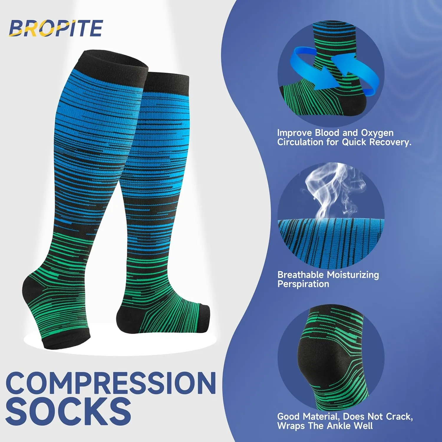 bropite Toeless Compression Socks for Women&Men-2 Pairs Open Toe Compression stocking Support 15-20mmhg Knee High Circulation
