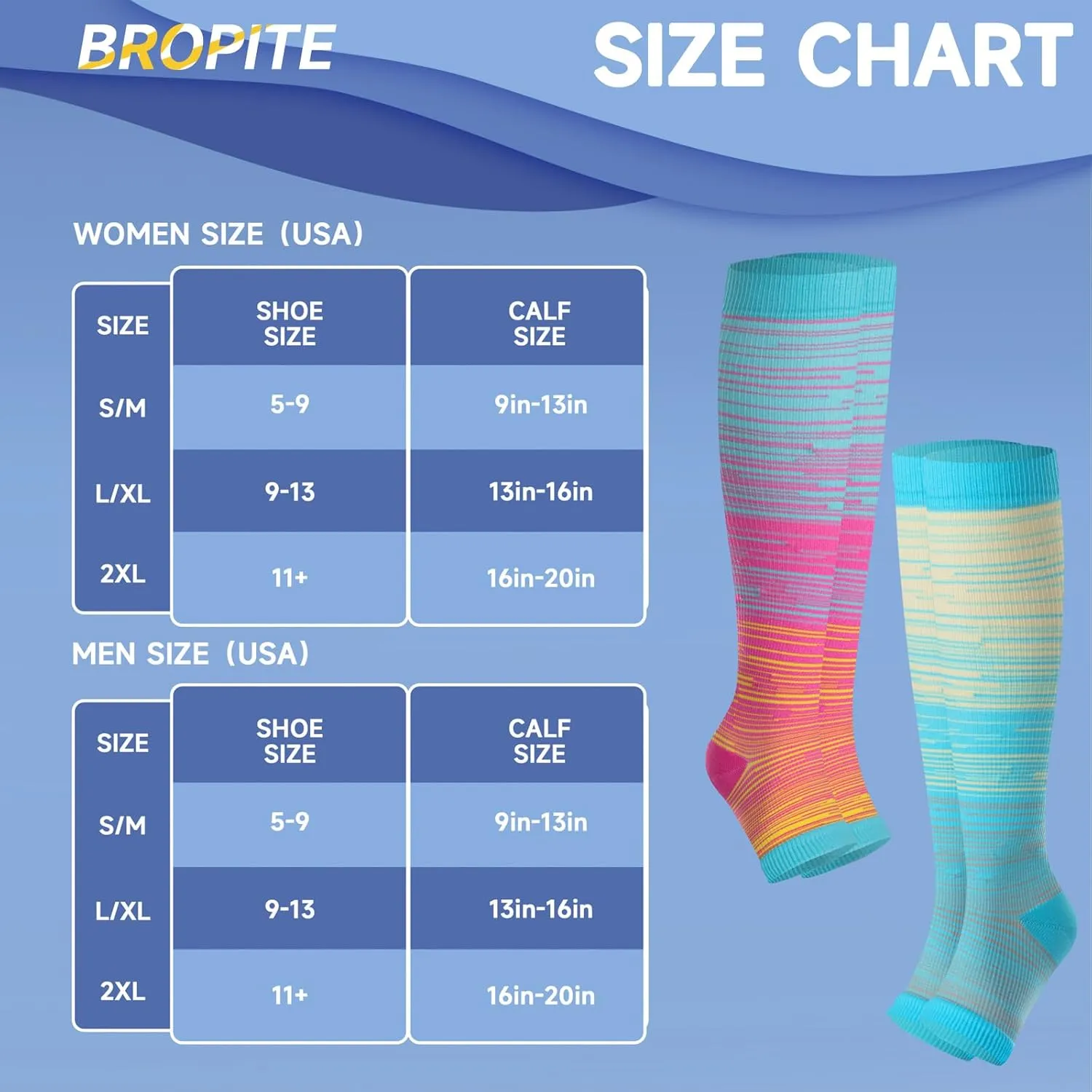 bropite Toeless Compression Socks for Women&Men-2 Pairs Open Toe Compression stocking Support 15-20mmhg Knee High Circulation