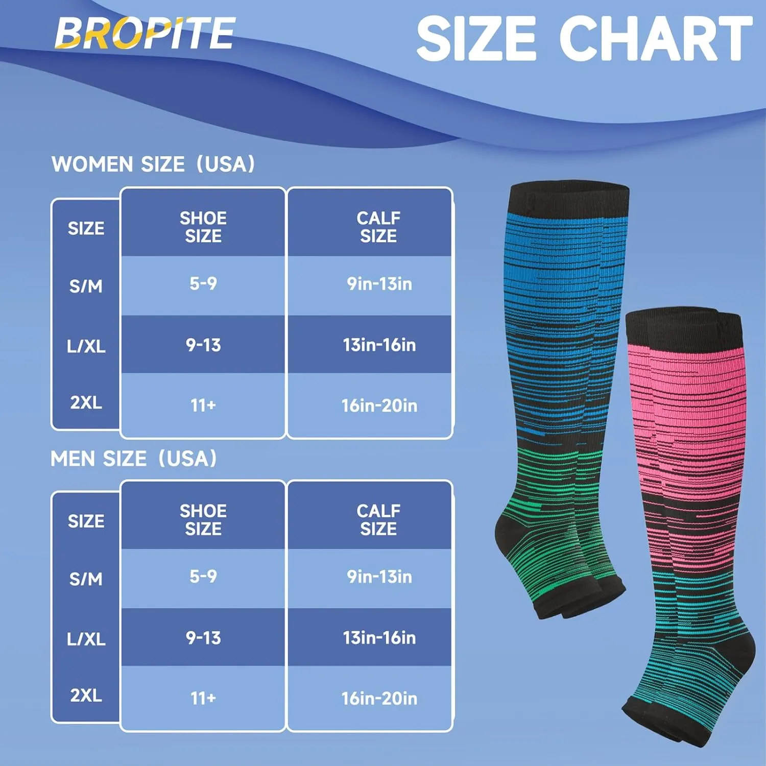 bropite Toeless Compression Socks for Women&Men-2 Pairs Open Toe Compression stocking Support 15-20mmhg Knee High Circulation