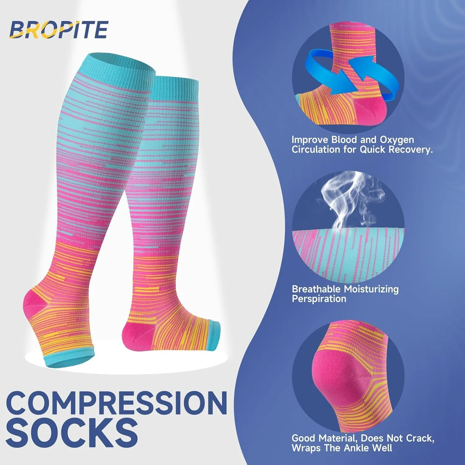 bropite Toeless Compression Socks for Women&Men-2 Pairs Open Toe Compression stocking Support 15-20mmhg Knee High Circulation
