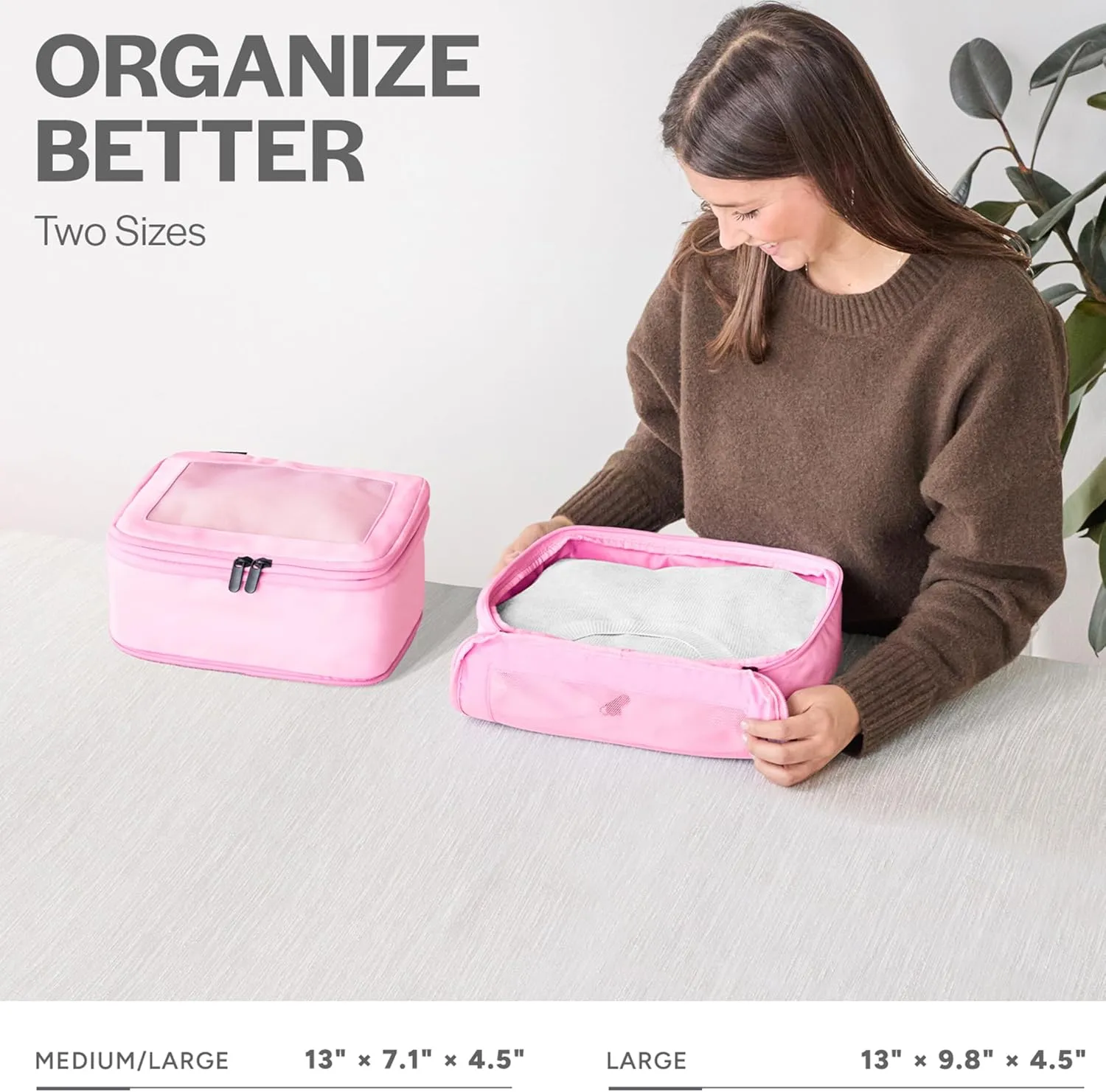 Compression Packing Cubes for Travel - Luggage Organizer Bags - Double Zipper Packing Cubes for Suitcases (2-Pack, Pink)