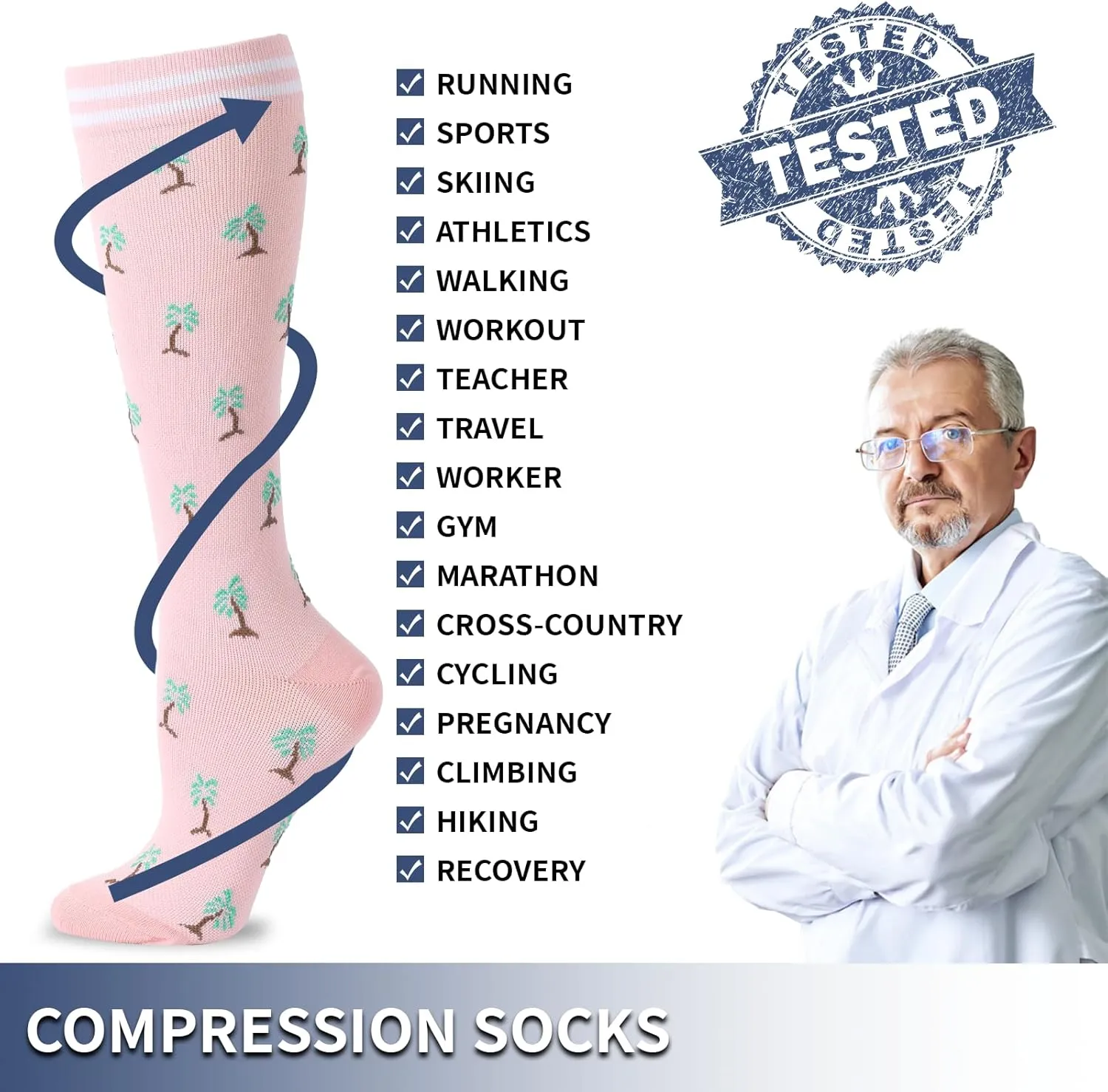 Compression Socks for Men and Women 5-14 inches of mercury, best for sports, nurses, travel and pregnant women