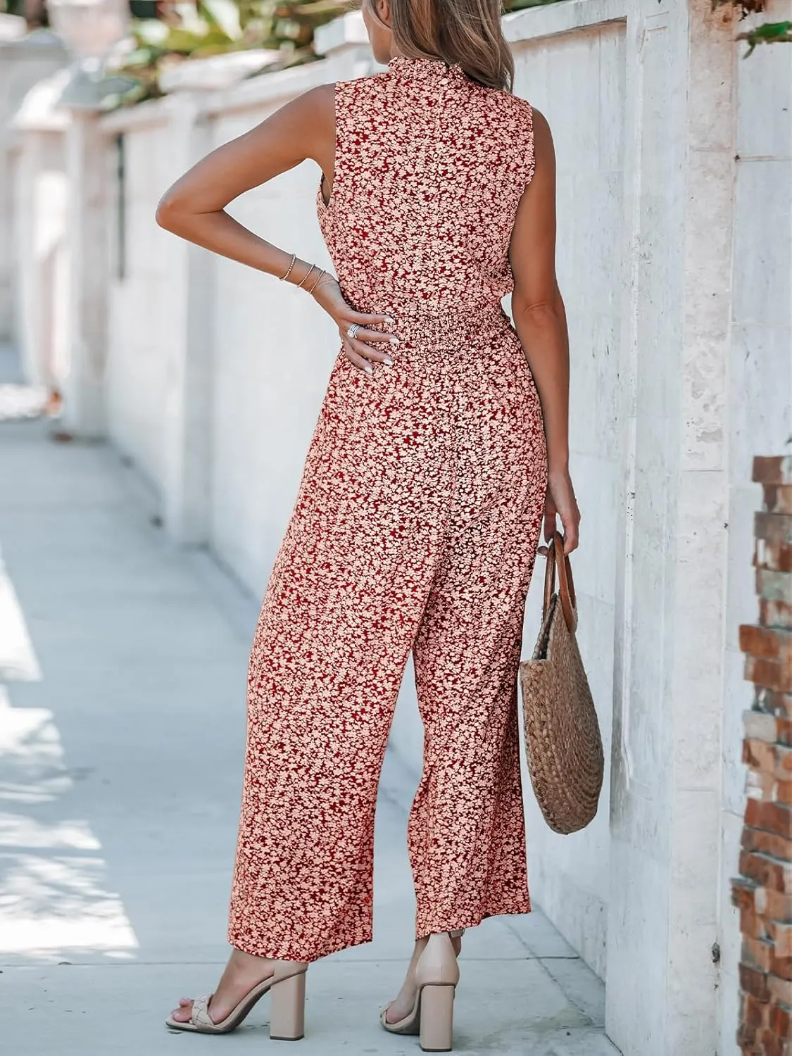 CUPSHE Women Floral Summer Maxi Jumpsuit with Pocket Mock Neck Elastic Waist Wide Leg Business Wedding Casual Holiday Dressy