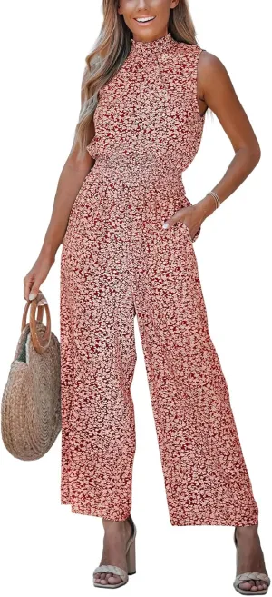 CUPSHE Women Floral Summer Maxi Jumpsuit with Pocket Mock Neck Elastic Waist Wide Leg Business Wedding Casual Holiday Dressy