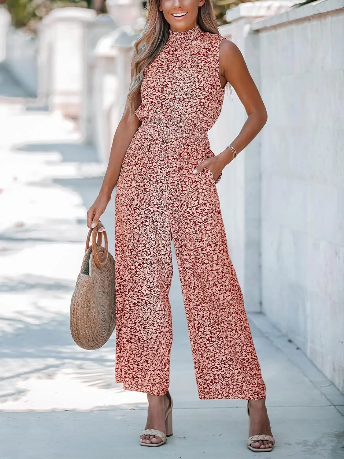 CUPSHE Women Floral Summer Maxi Jumpsuit with Pocket Mock Neck Elastic Waist Wide Leg Business Wedding Casual Holiday Dressy