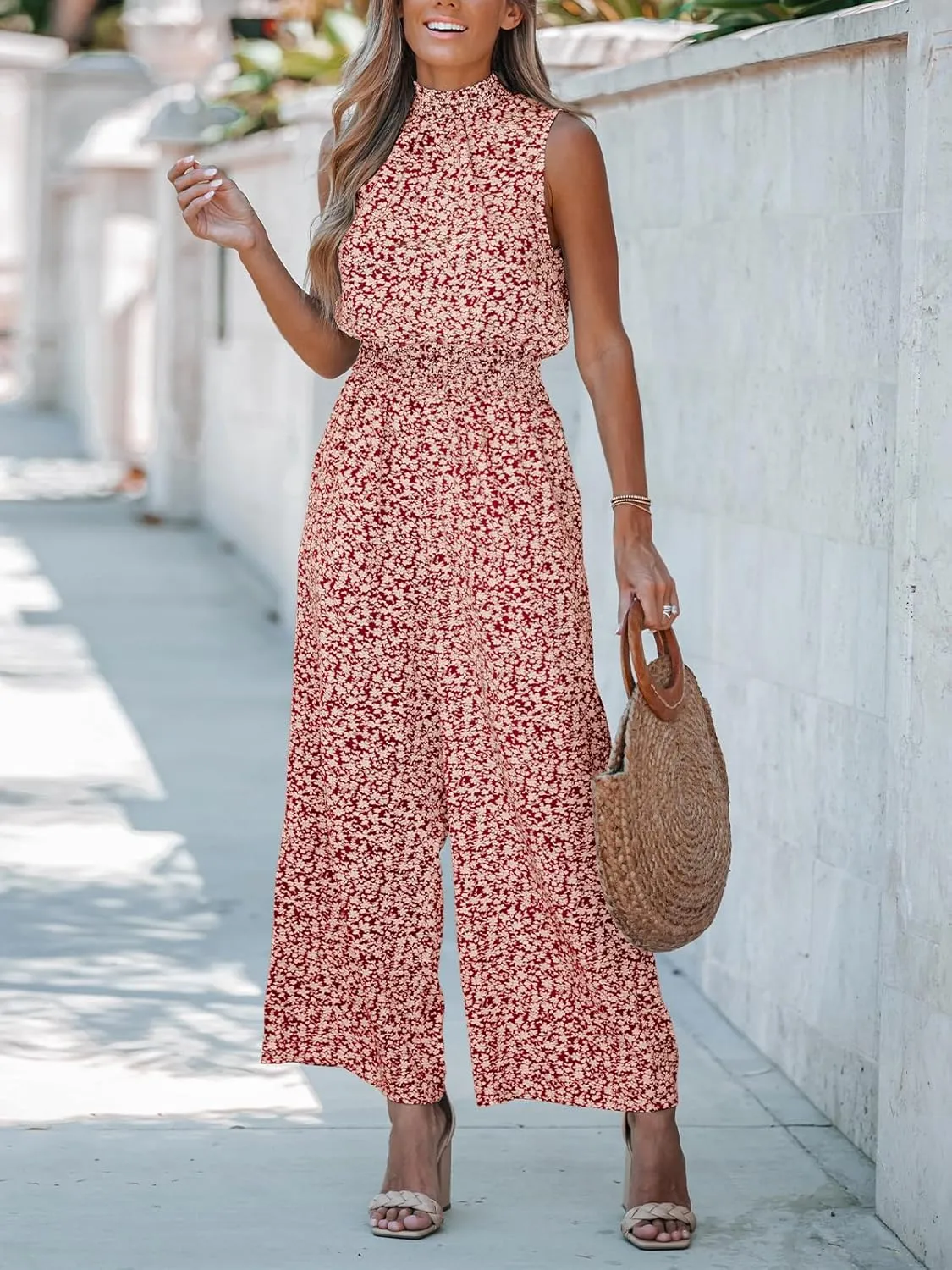 CUPSHE Women Floral Summer Maxi Jumpsuit with Pocket Mock Neck Elastic Waist Wide Leg Business Wedding Casual Holiday Dressy