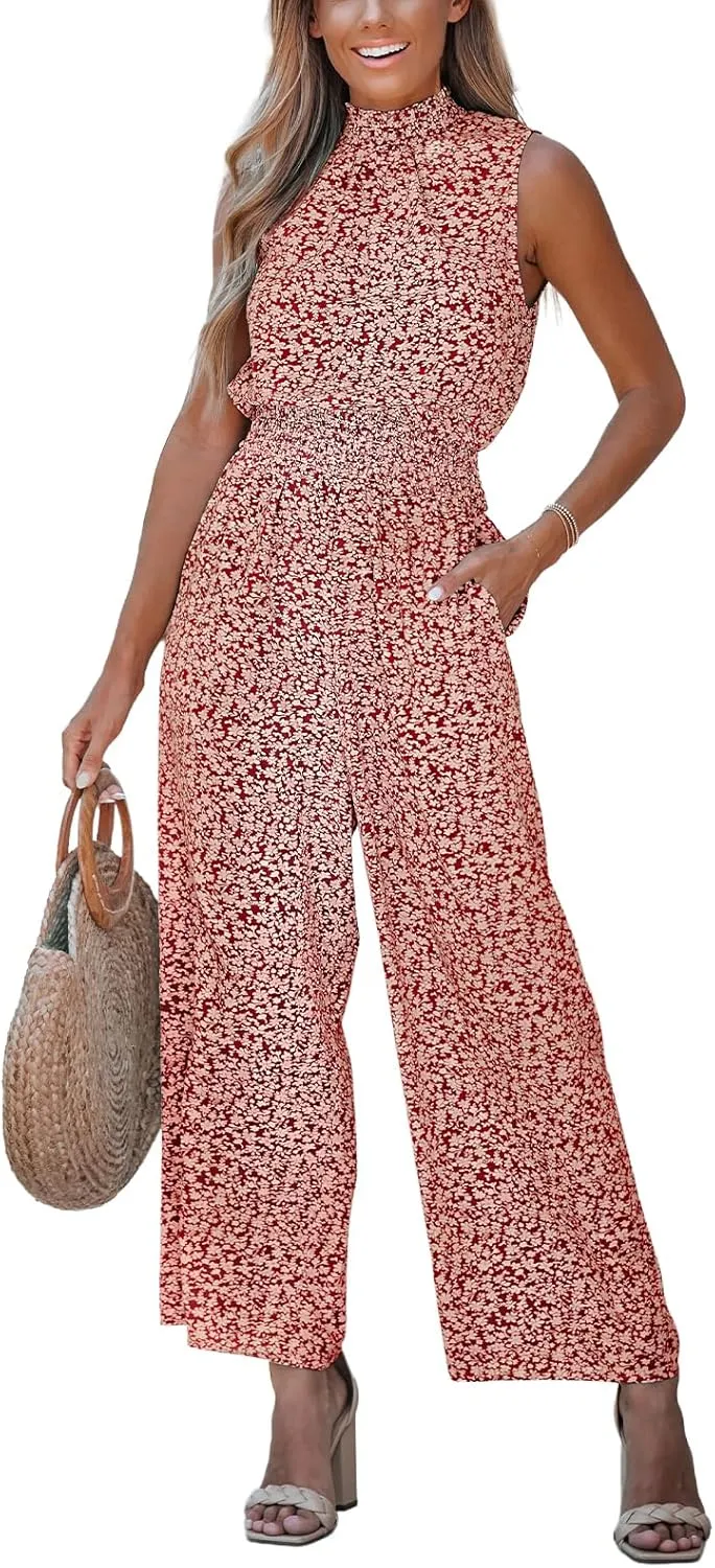 CUPSHE Women Floral Summer Maxi Jumpsuit with Pocket Mock Neck Elastic Waist Wide Leg Business Wedding Casual Holiday Dressy