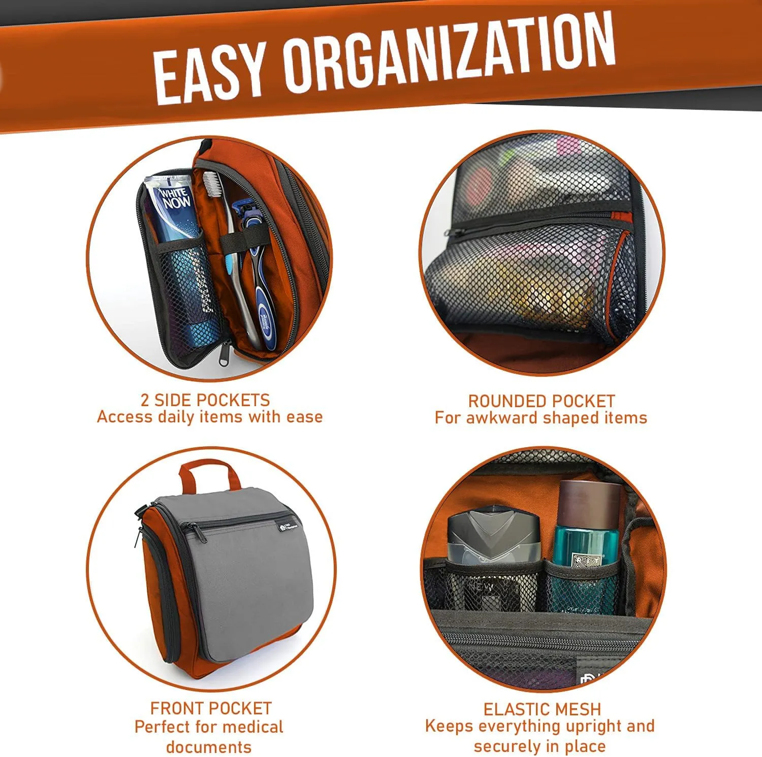 D&D Hanging Travel Toiletry Bag for Men and Women  Large Cosmetics, Makeup and Toiletries Organizer Kit with 10 Compartments, YKK Zippers, XXL Metal Swivel Hook, Water-Resistant Nylon