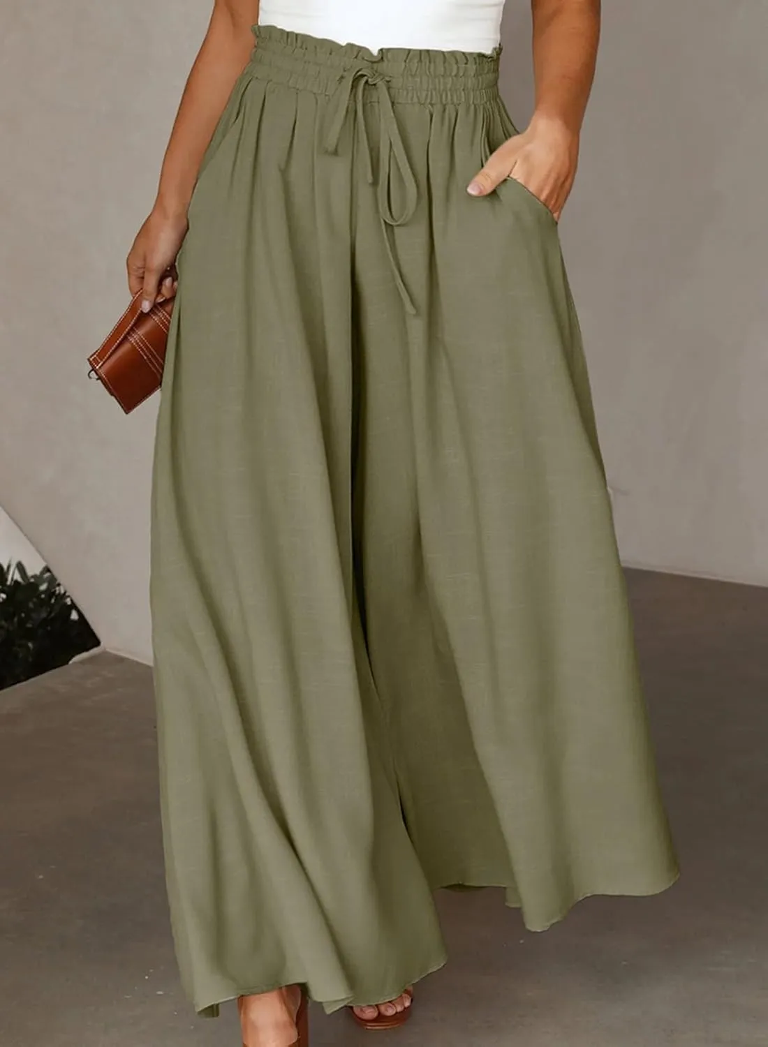 Eytino Womens Plus Size Wide Leg Pants Casual Elastic High Waist Flowy Pants Drawstring Palazzo Pants with Pockets(1X-5X)