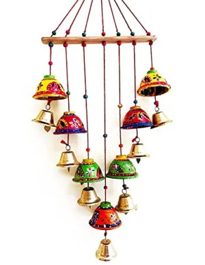 Goranshi Creation Wind Chime for Home Home Cotton Door Hanging Wooden Rajasthani Colored Bells Design Handicraft Hand Painted Wooden Wind Chimes Multicolor Wall Décor (Latkan) for Balcony and Room