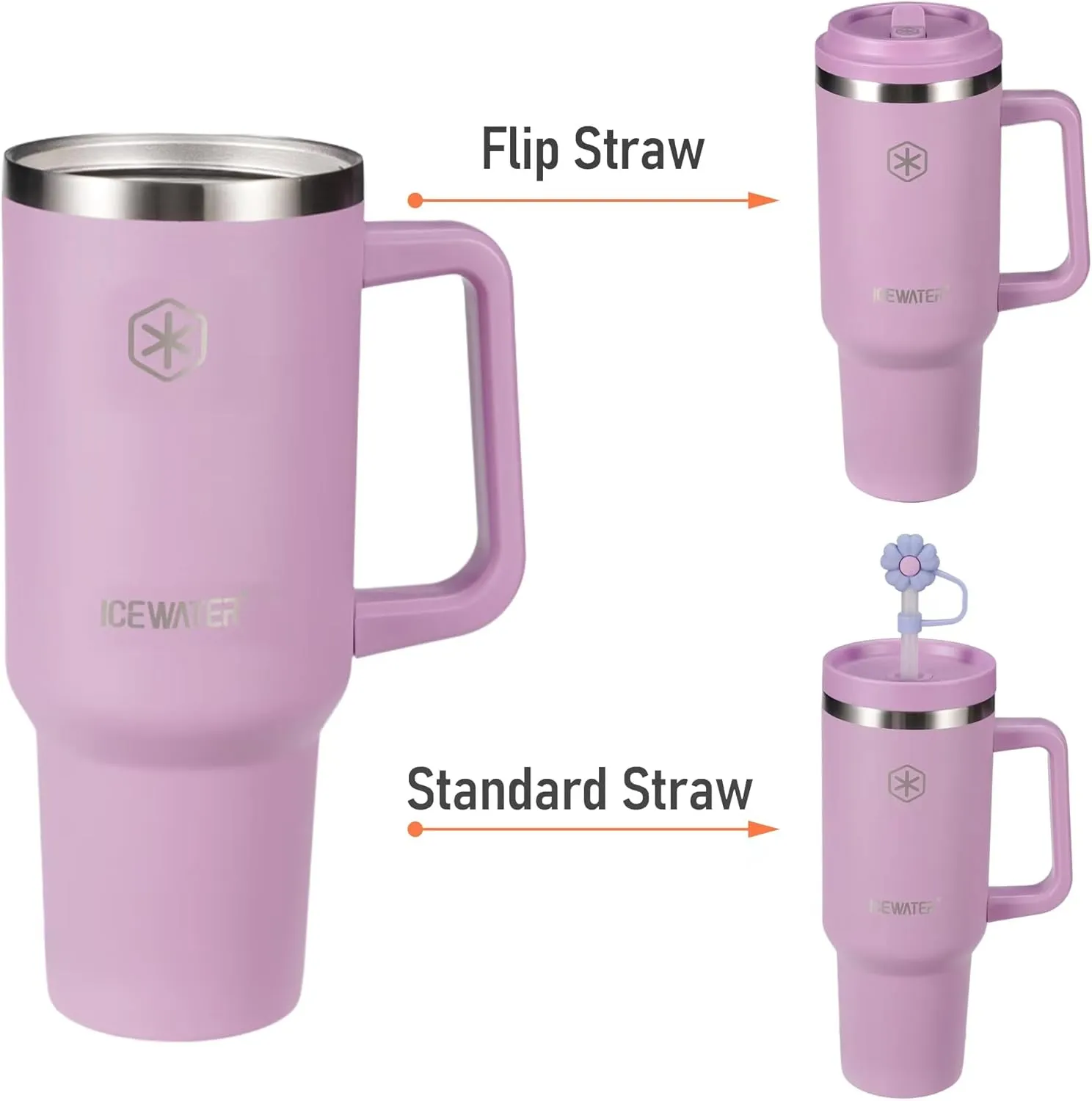 ICEWATER 40 oz Tumbler with 2 Lids (Flip & Standard Straw),100% Leak Proof Insulated Tumbler with Handle, Cup Holder Friendly, Stainless Steel Water Bottle, Gifts for Women & Men (Lilac)