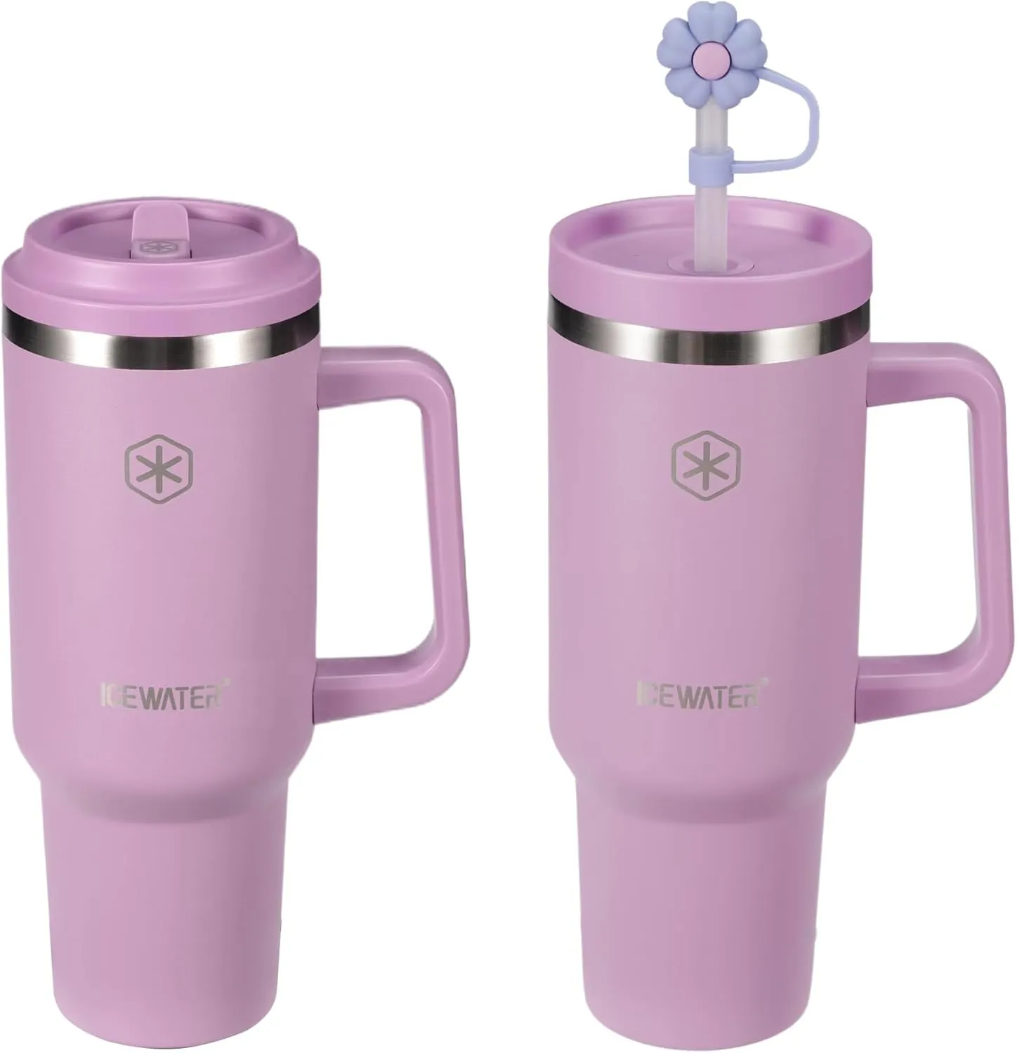 ICEWATER 40 oz Tumbler with 2 Lids (Flip & Standard Straw),100% Leak Proof Insulated Tumbler with Handle, Cup Holder Friendly, Stainless Steel Water Bottle, Gifts for Women & Men (Lilac)