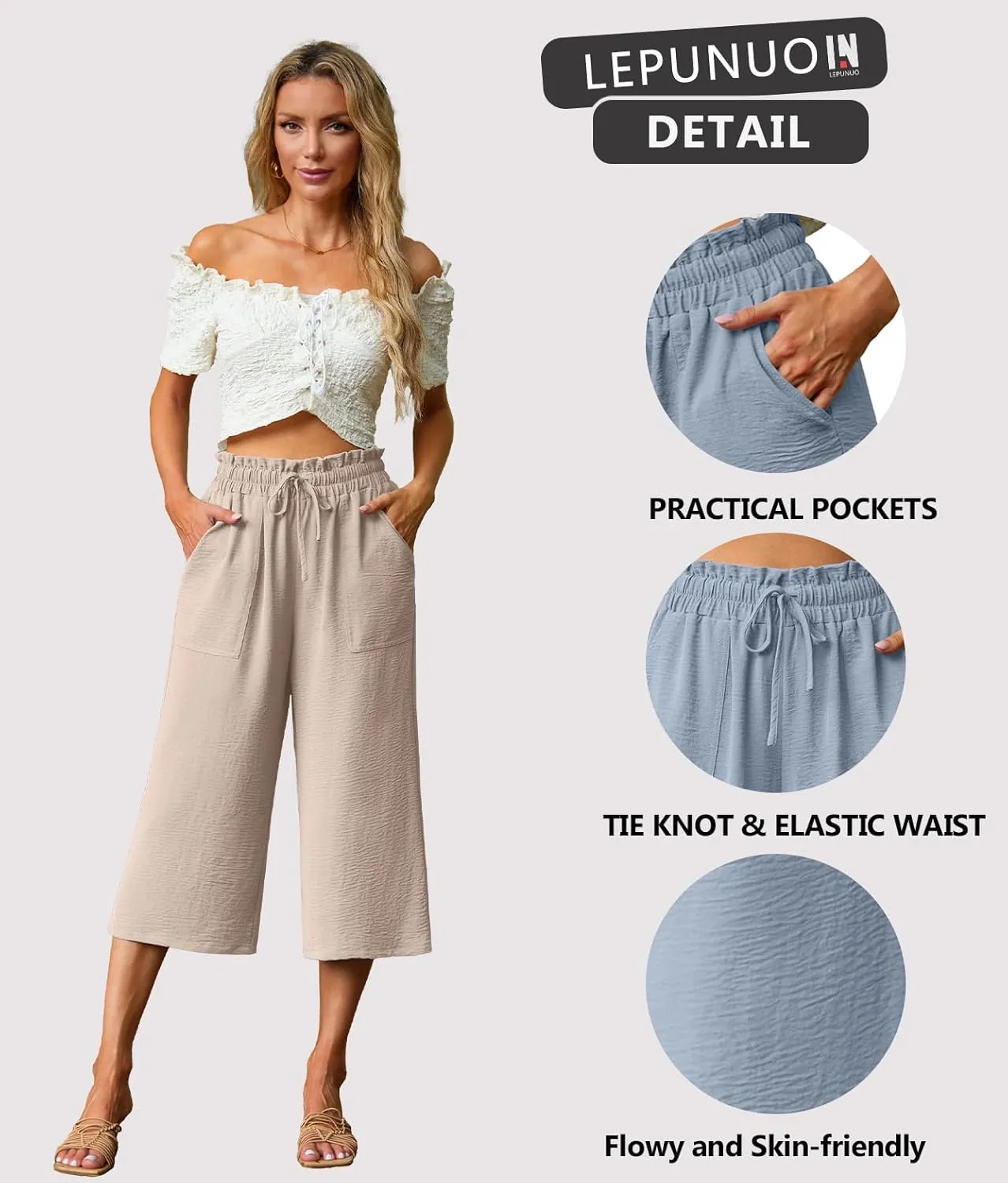 Lepunuo Women's Wide Leg Capri Pants High Waisted Palazzo Pants Adjustable Casual Tie Knot Pants with Pockets