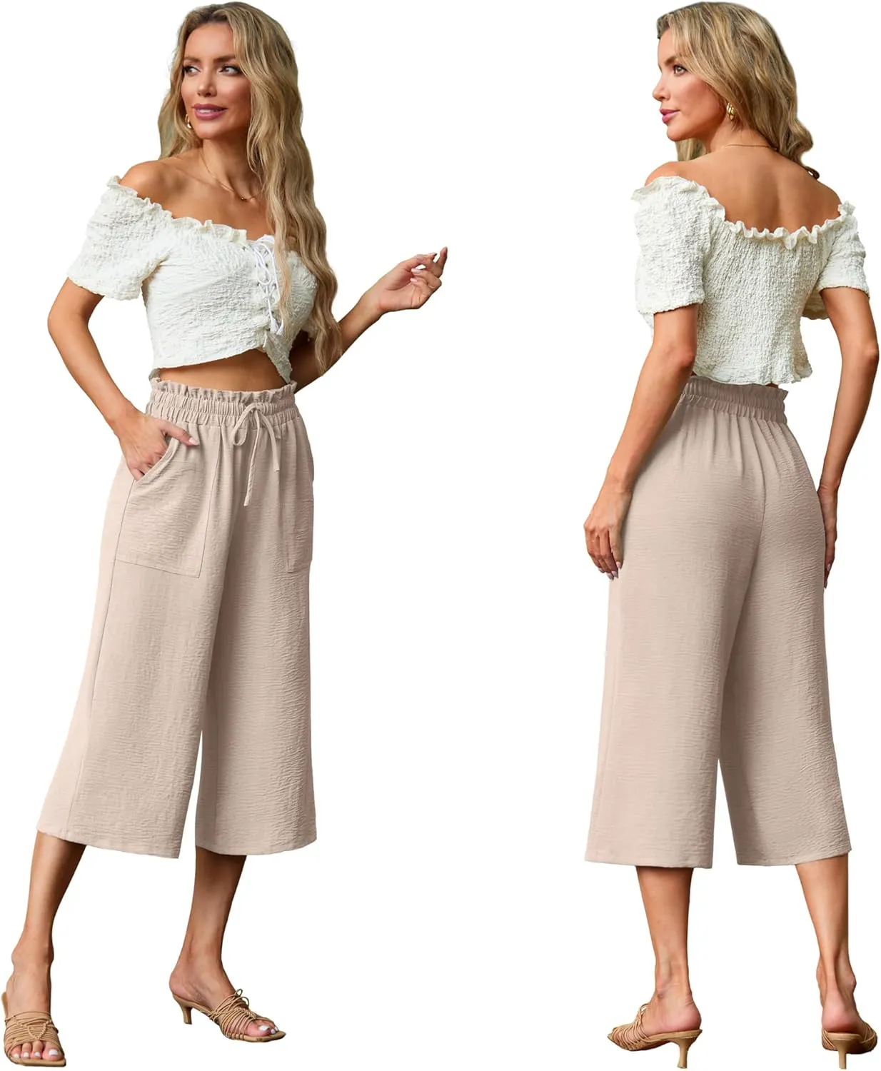 Lepunuo Women's Wide Leg Capri Pants High Waisted Palazzo Pants Adjustable Casual Tie Knot Pants with Pockets
