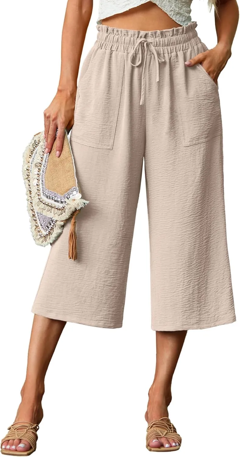 Lepunuo Women's Wide Leg Capri Pants High Waisted Palazzo Pants Adjustable Casual Tie Knot Pants with Pockets