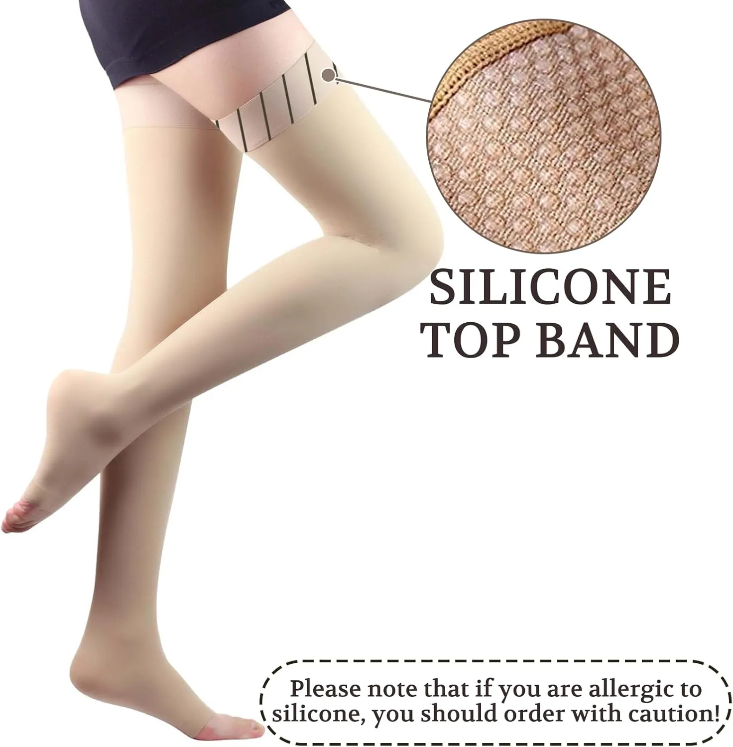 Lin Performance 15-20 mmHg Medical Compression Stockings for Women and Men Thigh High Dot-Top Open Toe Socks for Varicose Vein Swollen legs Travel Flight Pregnant(Beige,L)