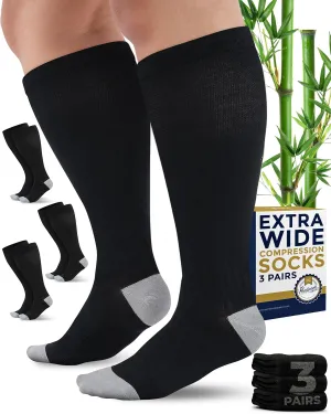Pembrook 3 Pairs Plus Size Compression Socks Wide Calf - 15-20 mmHg Bamboo Viscose Compression Socks Men Wide Calf, Extra Wide Calf Socks for Women & Men, Knee High, Black