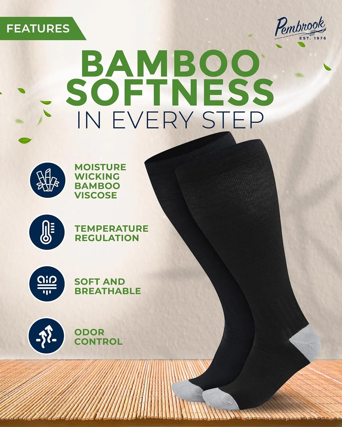 Pembrook 3 Pairs Plus Size Compression Socks Wide Calf - 15-20 mmHg Bamboo Viscose Compression Socks Men Wide Calf, Extra Wide Calf Socks for Women & Men, Knee High, Black