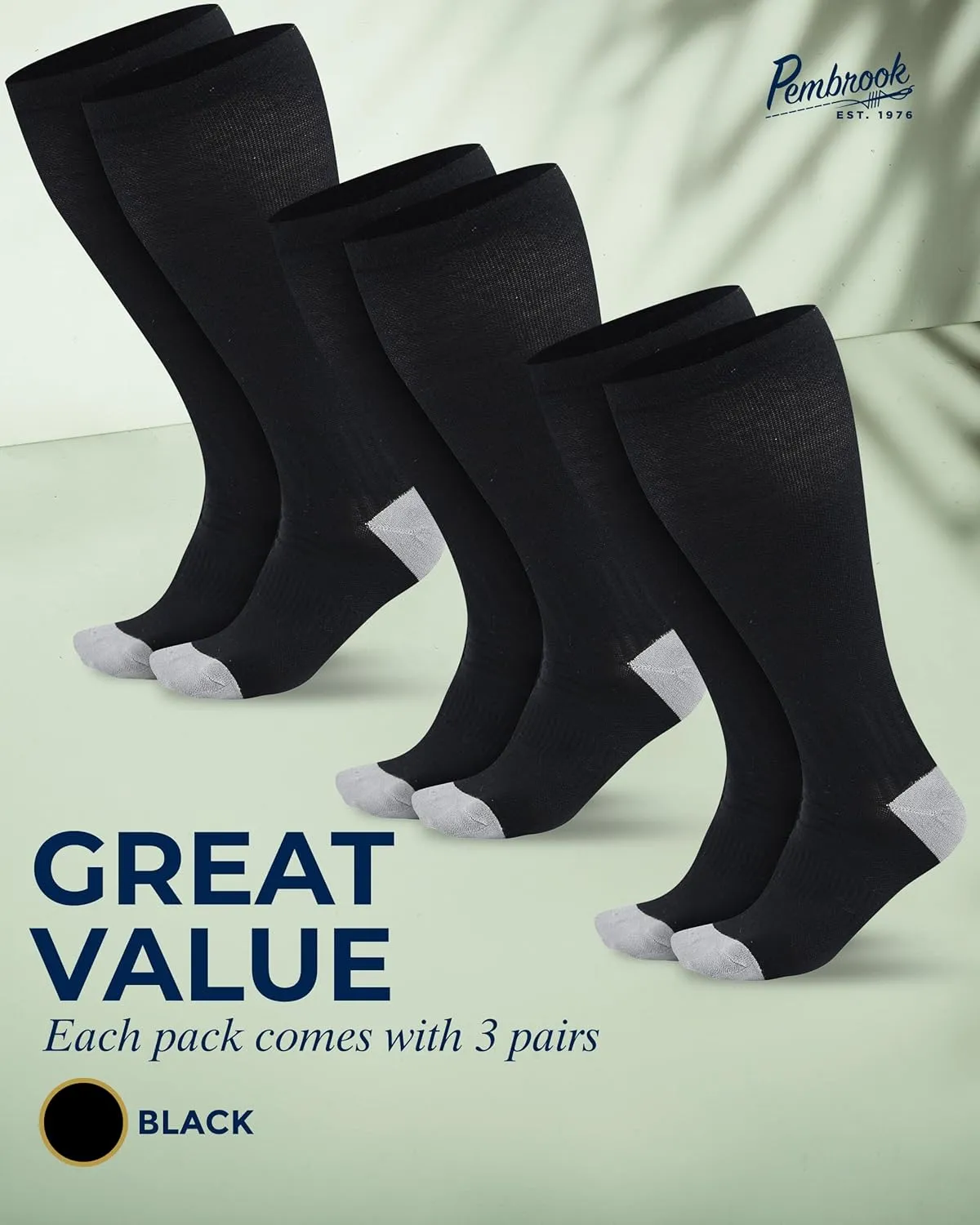 Pembrook 3 Pairs Plus Size Compression Socks Wide Calf - 15-20 mmHg Bamboo Viscose Compression Socks Men Wide Calf, Extra Wide Calf Socks for Women & Men, Knee High, Black