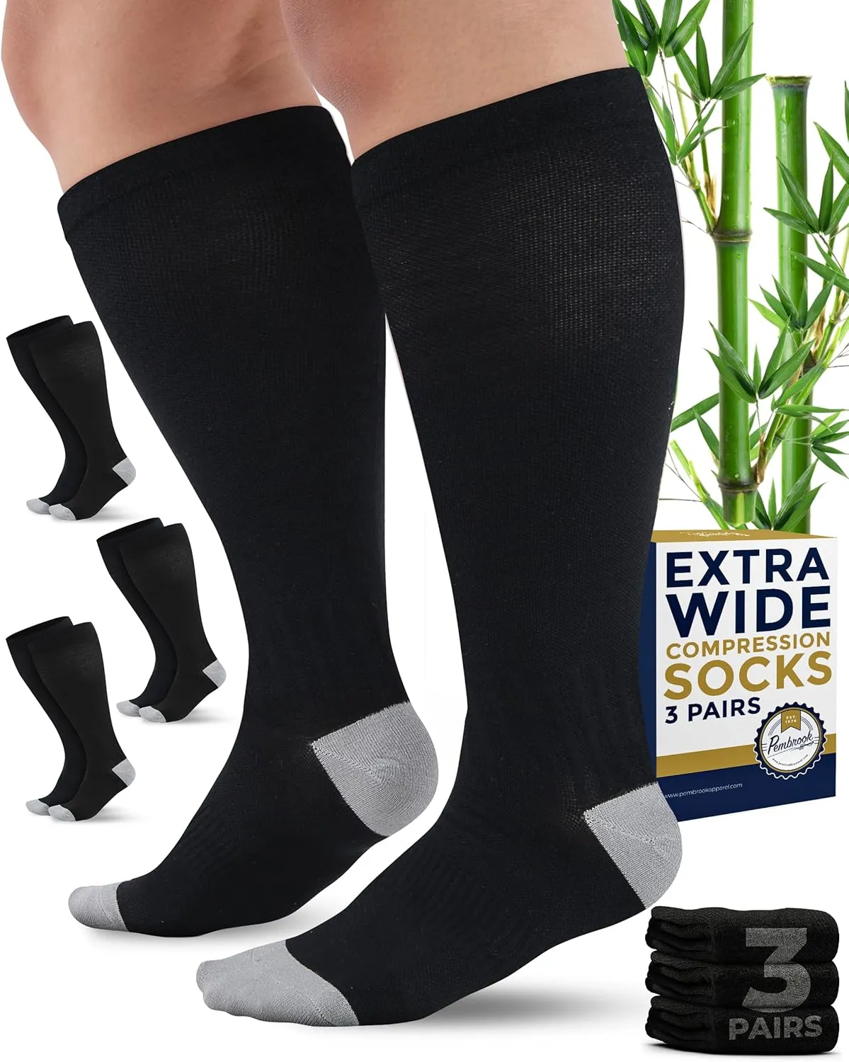 Pembrook 3 Pairs Plus Size Compression Socks Wide Calf - 15-20 mmHg Bamboo Viscose Compression Socks Men Wide Calf, Extra Wide Calf Socks for Women & Men, Knee High, Black