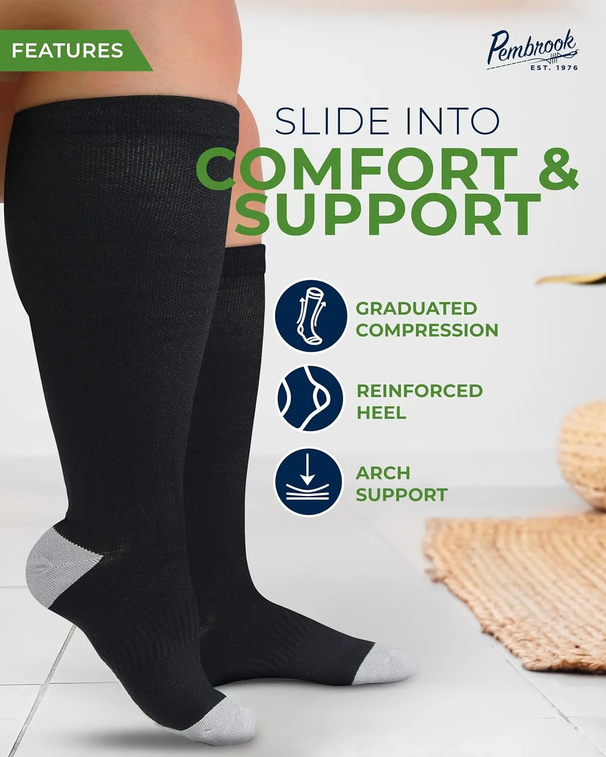 Pembrook 3 Pairs Plus Size Compression Socks Wide Calf - 15-20 mmHg Bamboo Viscose Compression Socks Men Wide Calf, Extra Wide Calf Socks for Women & Men, Knee High, Black