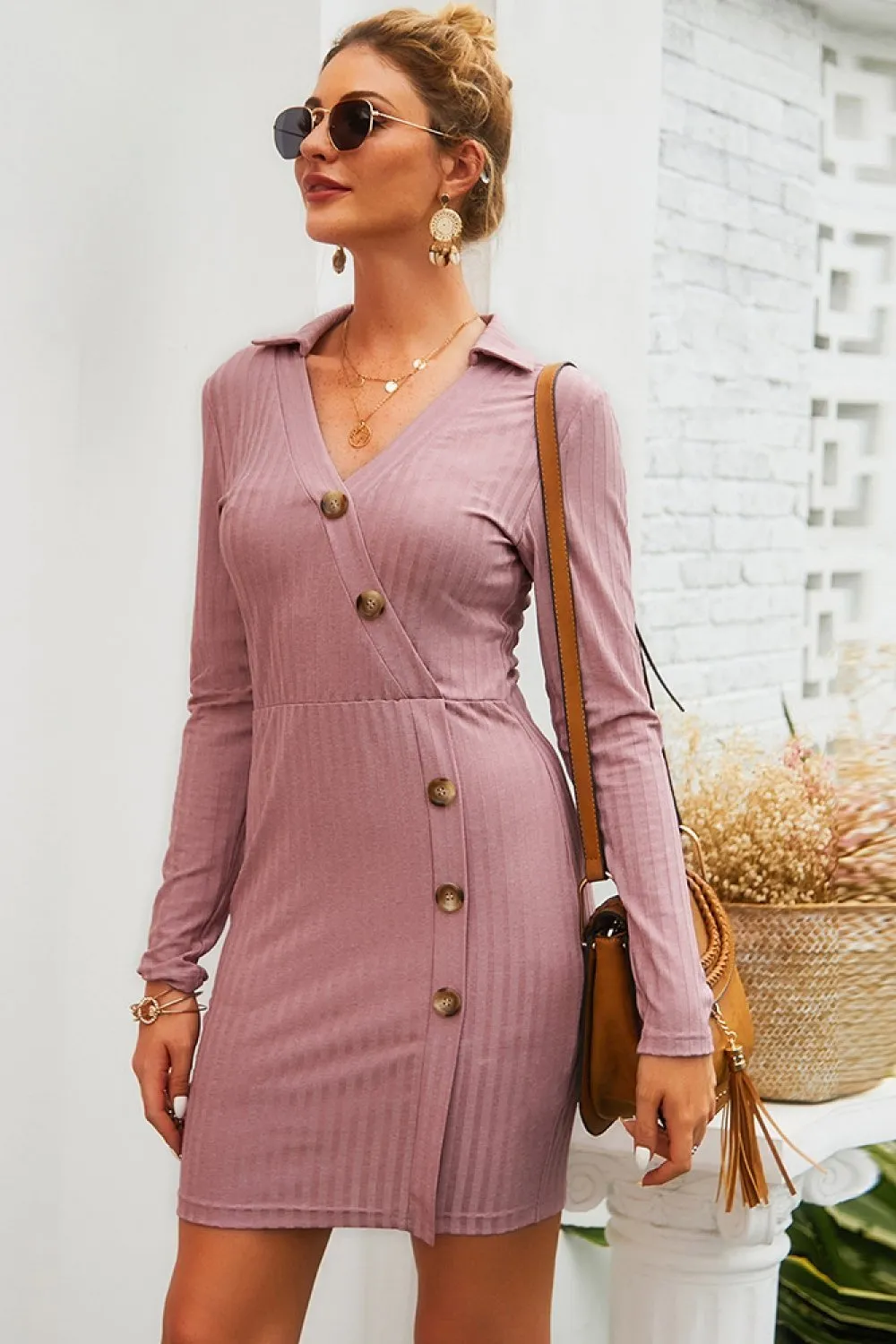 Solid Color V Neck Buttons Mid Dress