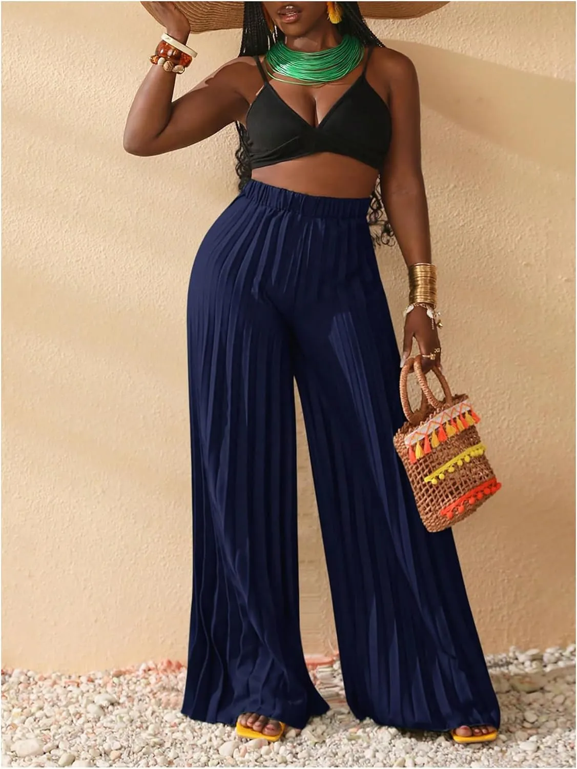 SOLY HUX Women's Wide Leg Palazzo Pleated Pants High Waisted Flowy Loose Dressy Casual Long Trousers