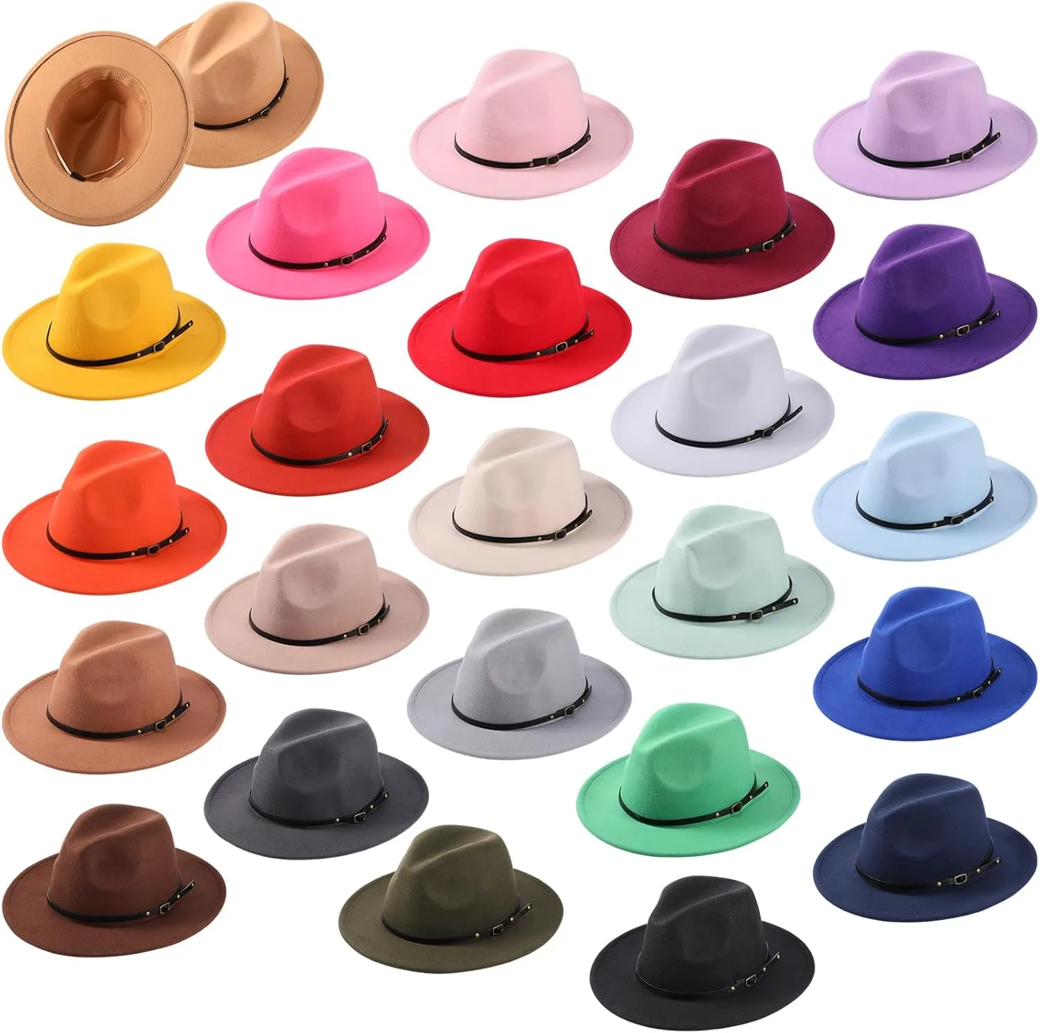 Sureio 24 Pcs Felt Hats for Women Wide Brim Panama Hats Bulk with Belt Buckle for Men Ladies Cowboy Vintage Vacation