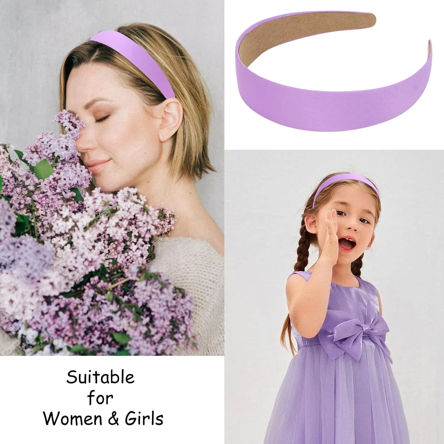 Wecoe Hairband, 10 Pack Light Purple Satin Headbands 1.3 Inch Wide, Non Slip Fashion Hair Bands for Women and Girls, DIY Holiday Hair Accessories, Diademas Coreanas Para Mujer