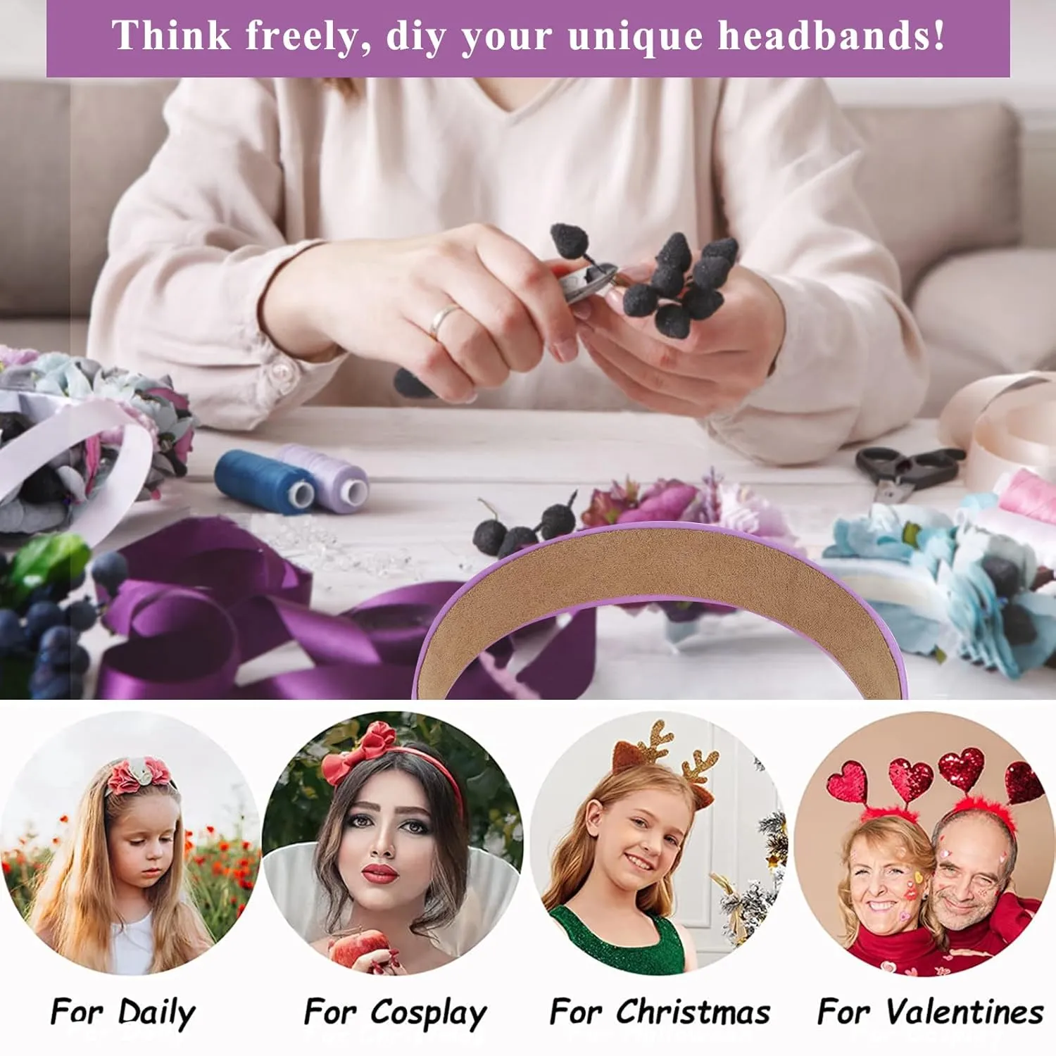 Wecoe Hairband, 10 Pack Light Purple Satin Headbands 1.3 Inch Wide, Non Slip Fashion Hair Bands for Women and Girls, DIY Holiday Hair Accessories, Diademas Coreanas Para Mujer