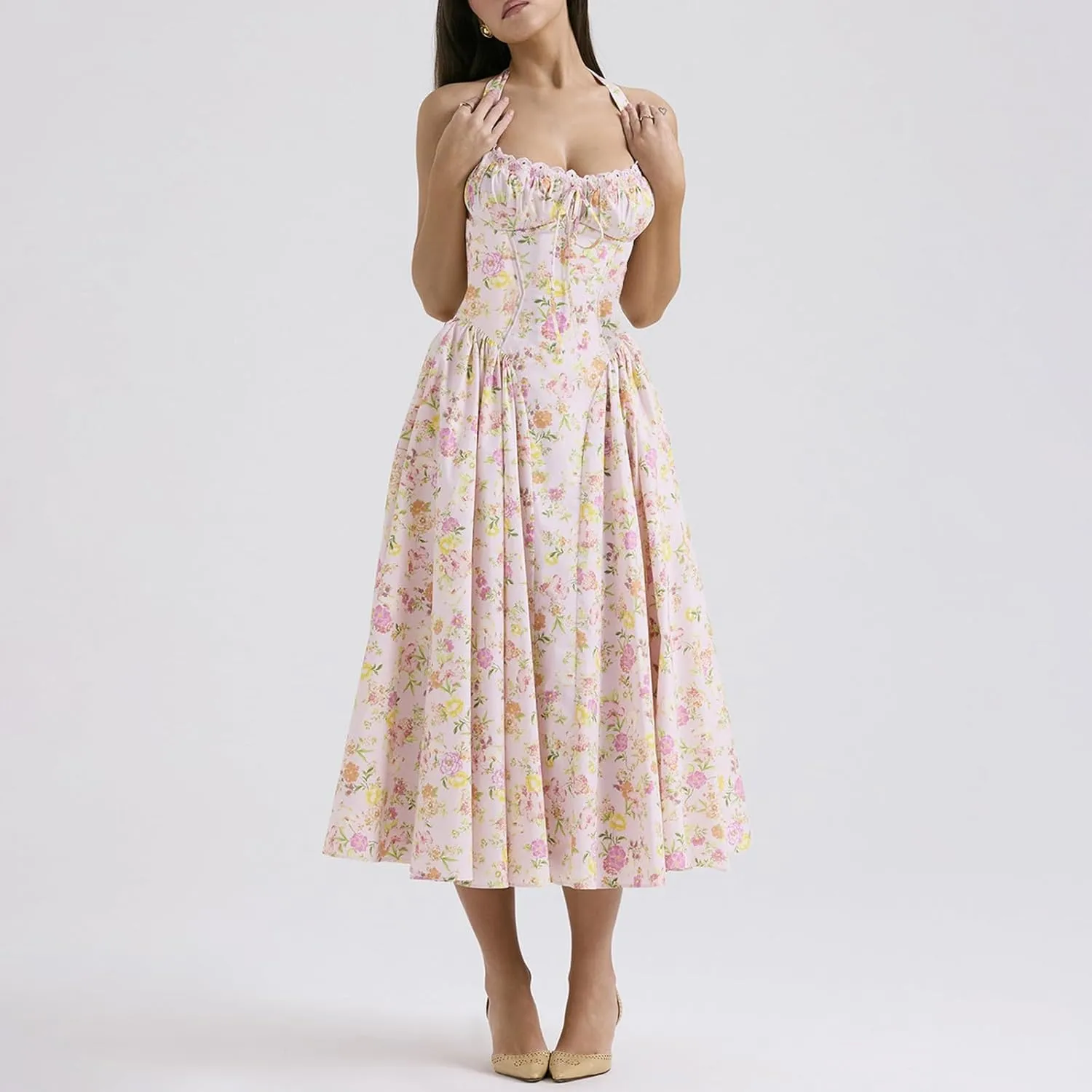 Women Floral Corset Dress Halter Neck Low Cut Bustier Lace Midi Dress Flowy Pleated Hem Long Sundress with Pockets