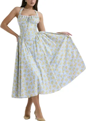 Women Floral Corset Dress Halter Neck Low Cut Bustier Lace Midi Dress Flowy Pleated Hem Long Sundress with Pockets