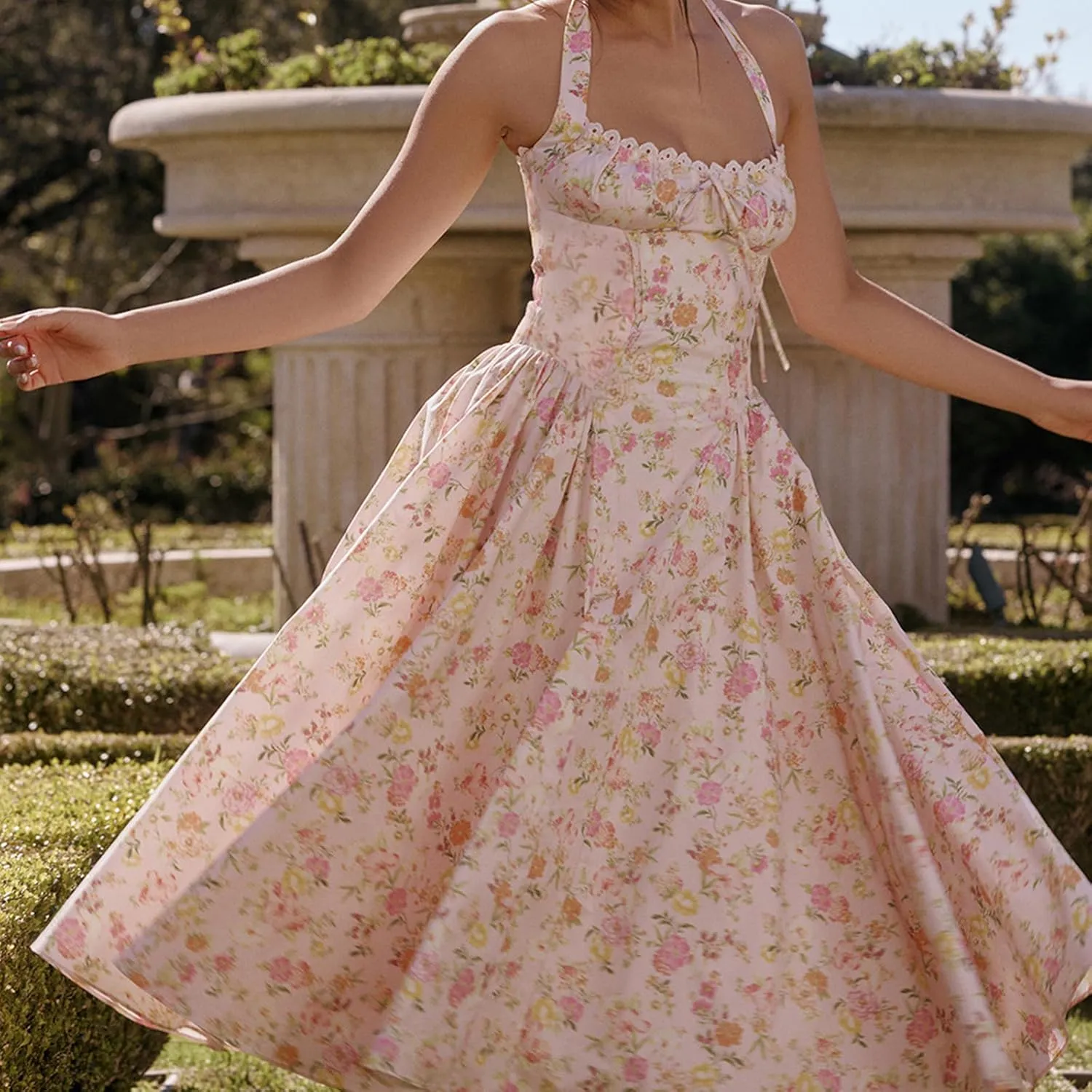 Women Floral Corset Dress Halter Neck Low Cut Bustier Lace Midi Dress Flowy Pleated Hem Long Sundress with Pockets