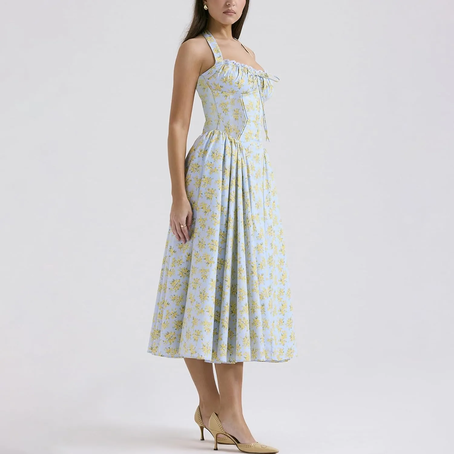 Women Floral Corset Dress Halter Neck Low Cut Bustier Lace Midi Dress Flowy Pleated Hem Long Sundress with Pockets
