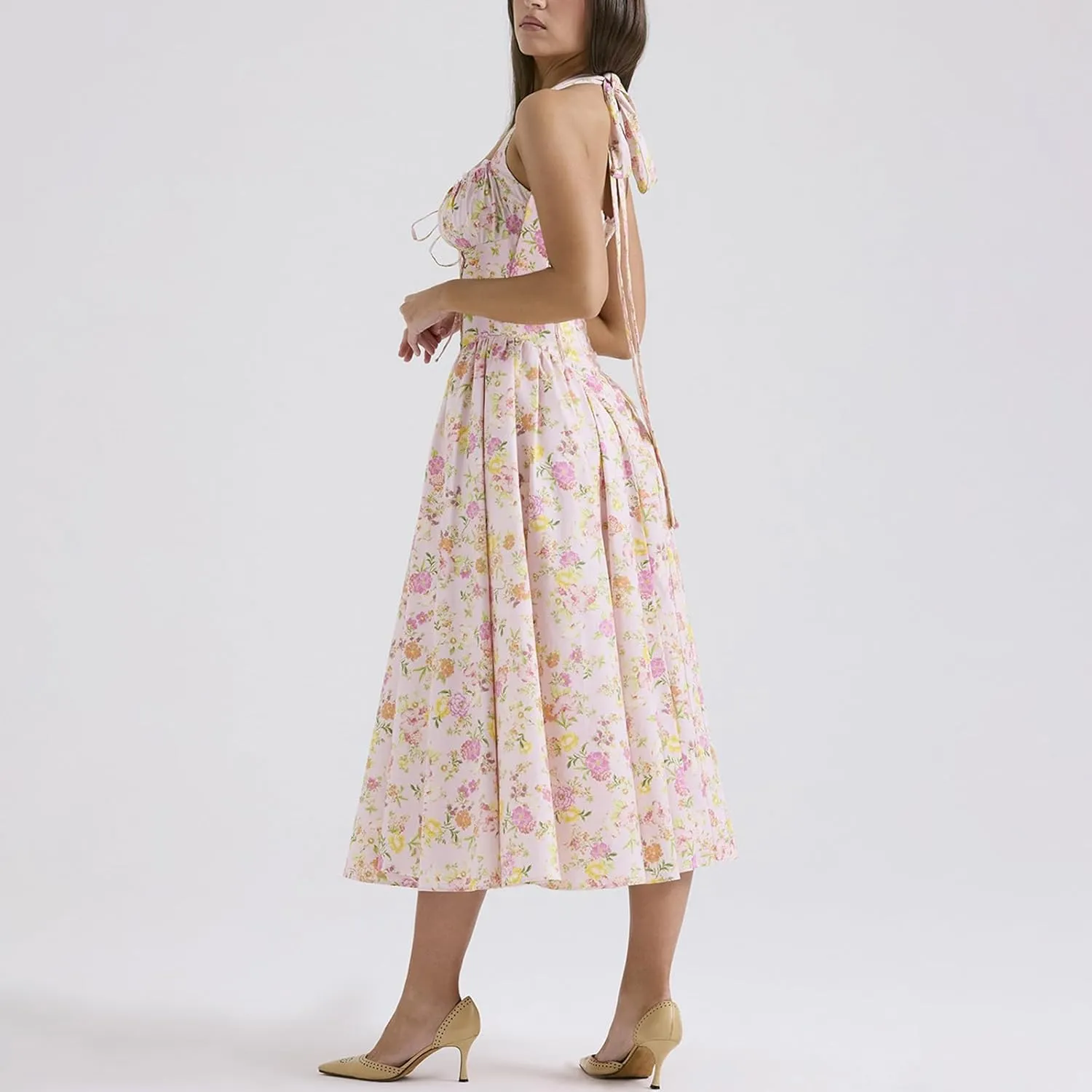 Women Floral Corset Dress Halter Neck Low Cut Bustier Lace Midi Dress Flowy Pleated Hem Long Sundress with Pockets