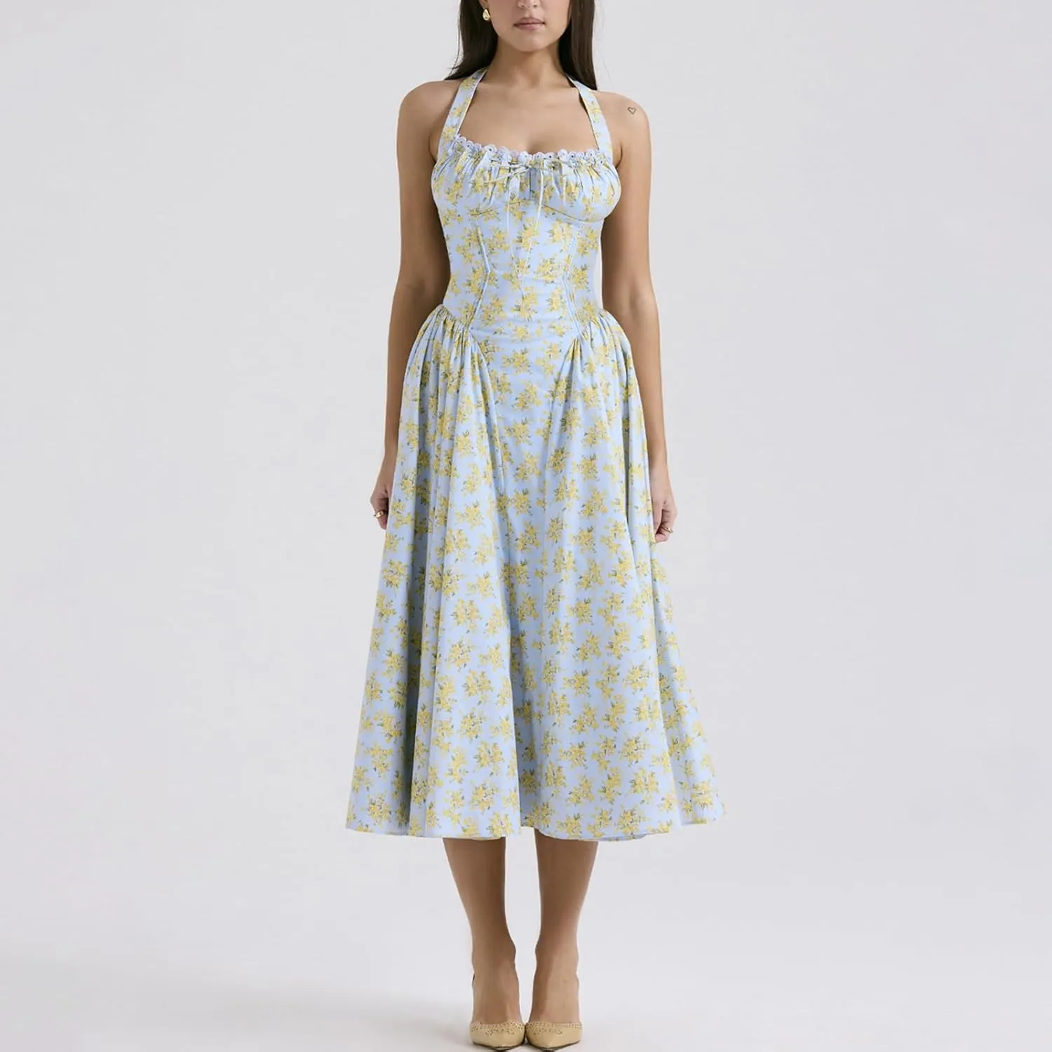Women Floral Corset Dress Halter Neck Low Cut Bustier Lace Midi Dress Flowy Pleated Hem Long Sundress with Pockets