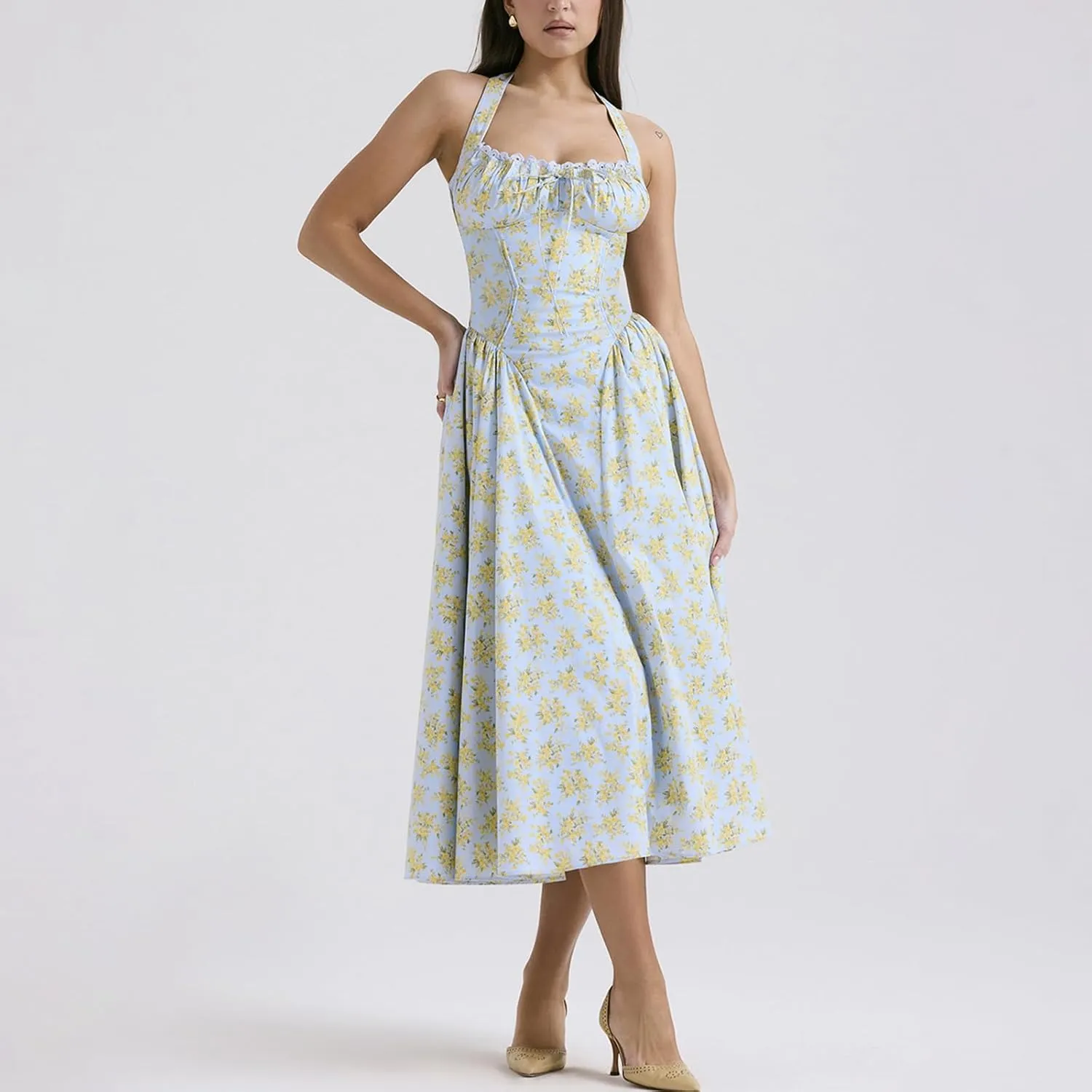 Women Floral Corset Dress Halter Neck Low Cut Bustier Lace Midi Dress Flowy Pleated Hem Long Sundress with Pockets