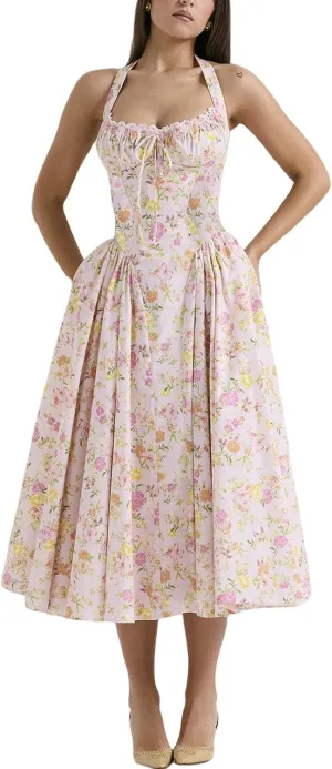 Women Floral Corset Dress Halter Neck Low Cut Bustier Lace Midi Dress Flowy Pleated Hem Long Sundress with Pockets