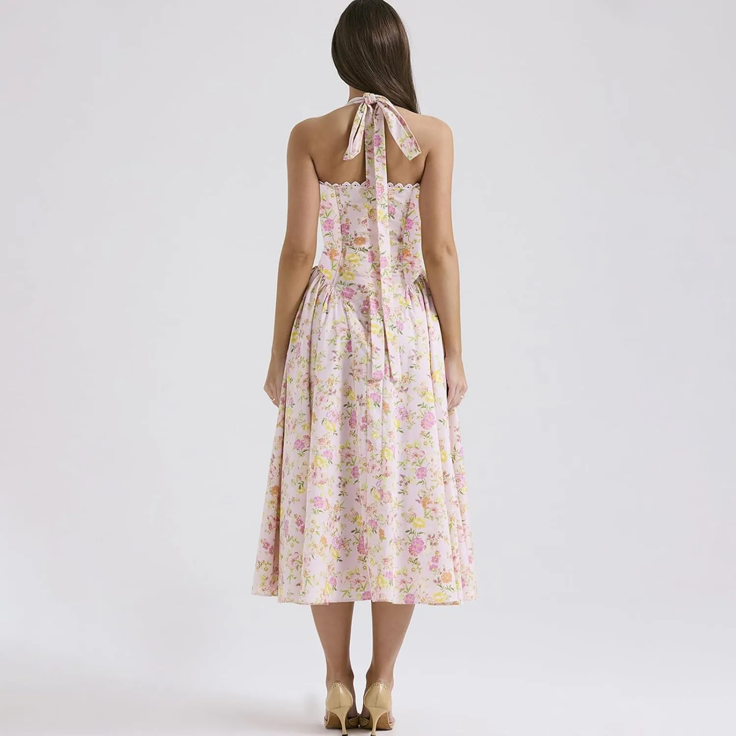 Women Floral Corset Dress Halter Neck Low Cut Bustier Lace Midi Dress Flowy Pleated Hem Long Sundress with Pockets