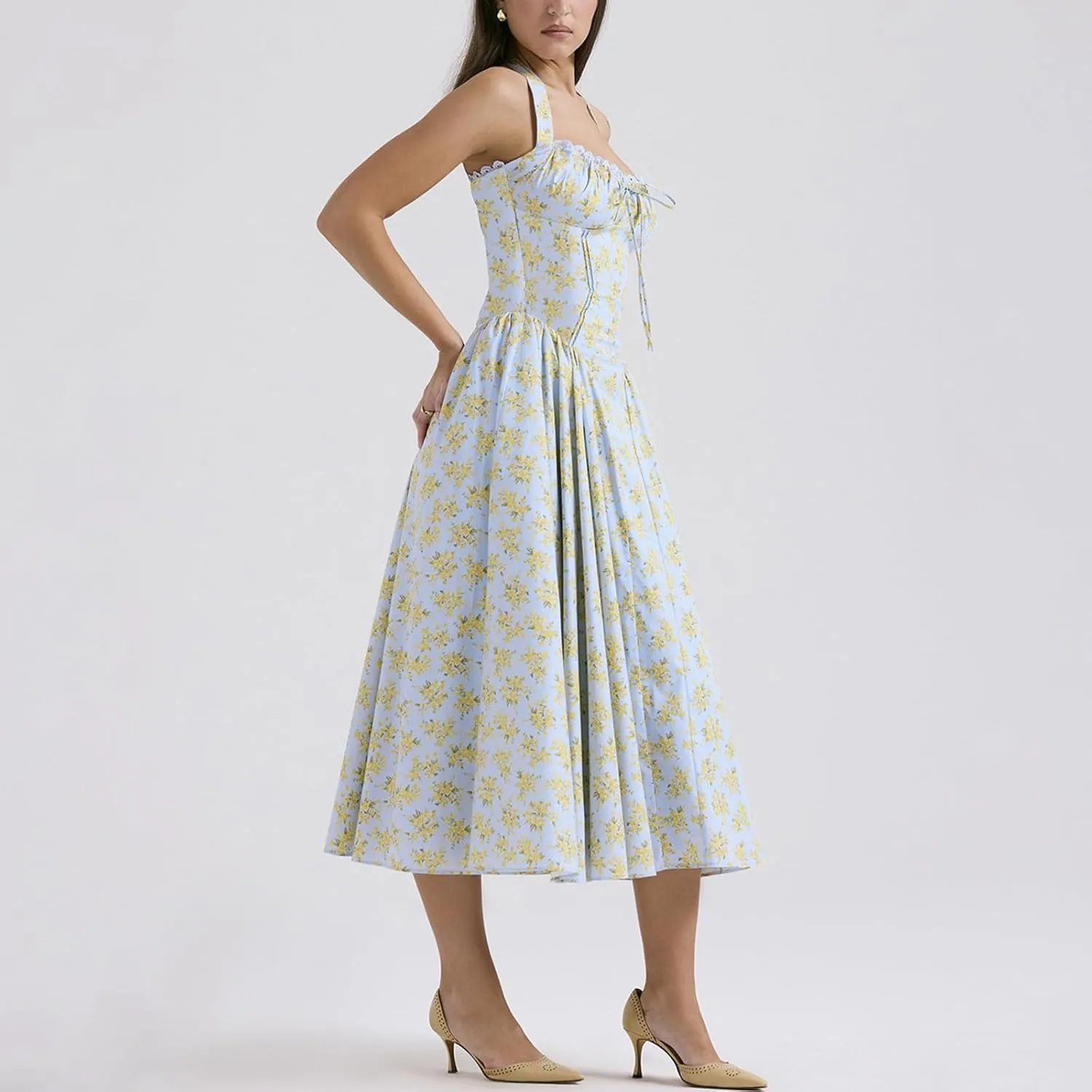 Women Floral Corset Dress Halter Neck Low Cut Bustier Lace Midi Dress Flowy Pleated Hem Long Sundress with Pockets