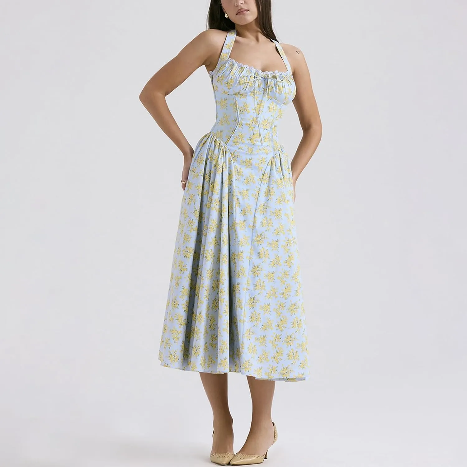 Women Floral Corset Dress Halter Neck Low Cut Bustier Lace Midi Dress Flowy Pleated Hem Long Sundress with Pockets