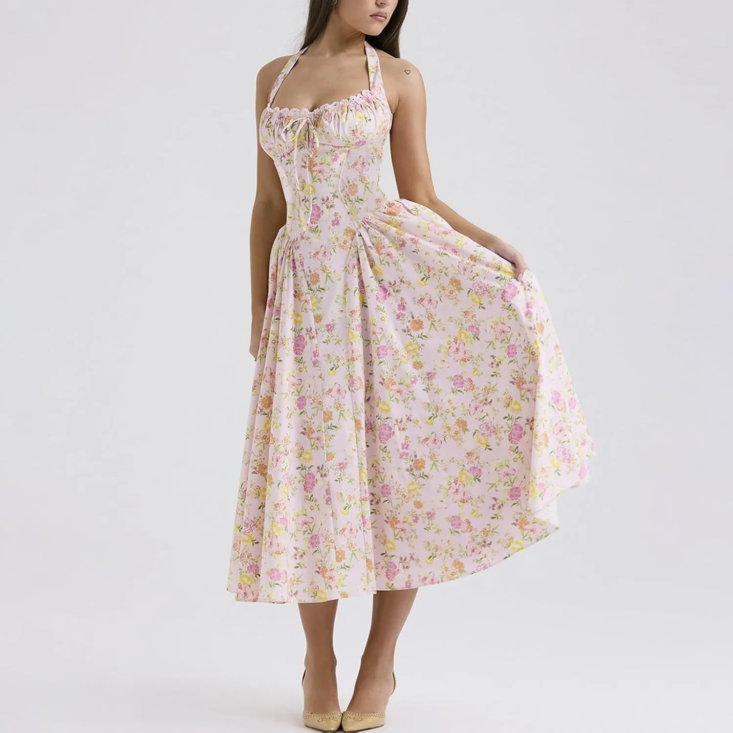 Women Floral Corset Dress Halter Neck Low Cut Bustier Lace Midi Dress Flowy Pleated Hem Long Sundress with Pockets