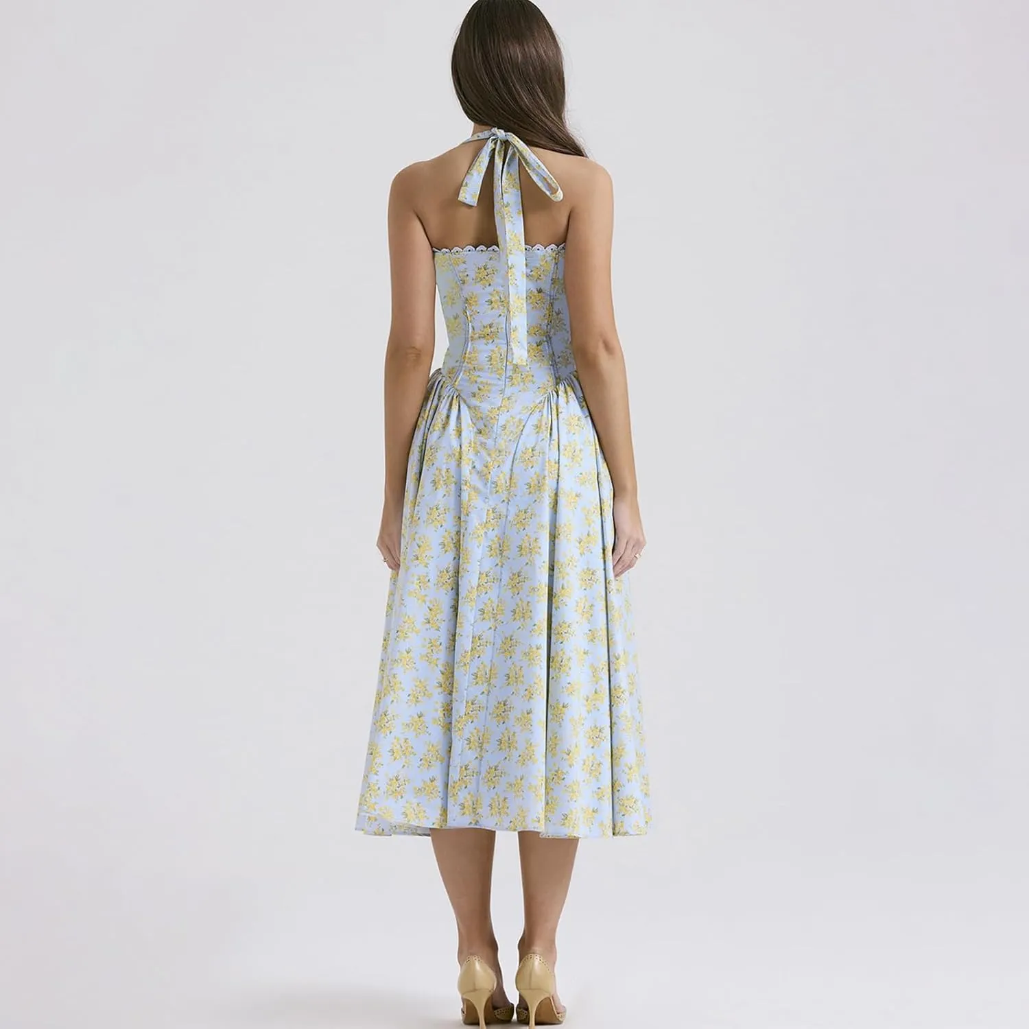 Women Floral Corset Dress Halter Neck Low Cut Bustier Lace Midi Dress Flowy Pleated Hem Long Sundress with Pockets